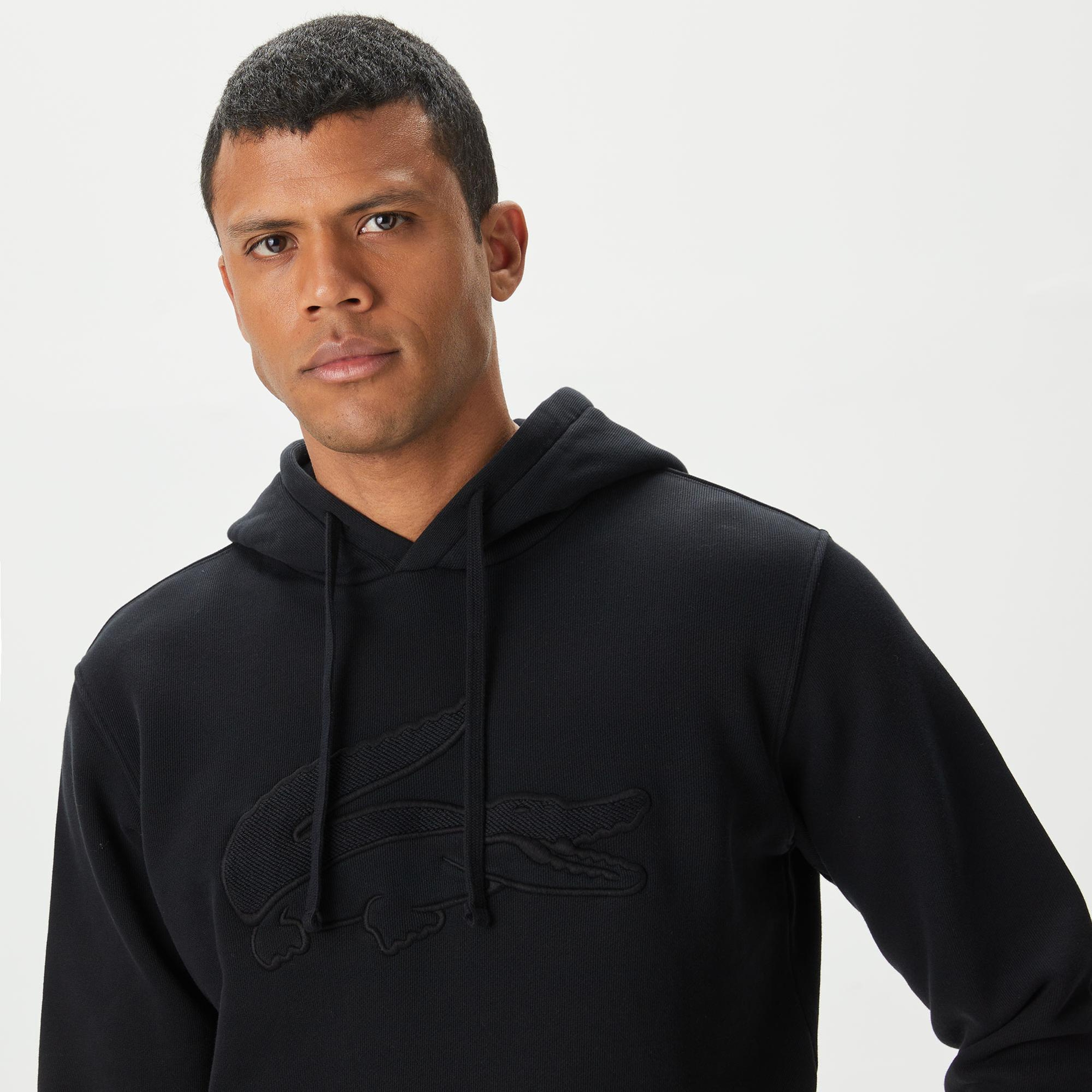 Lacoste Erkek Relaxed Fit Kapüşonlu Baskılı Siyah Sweatshirt