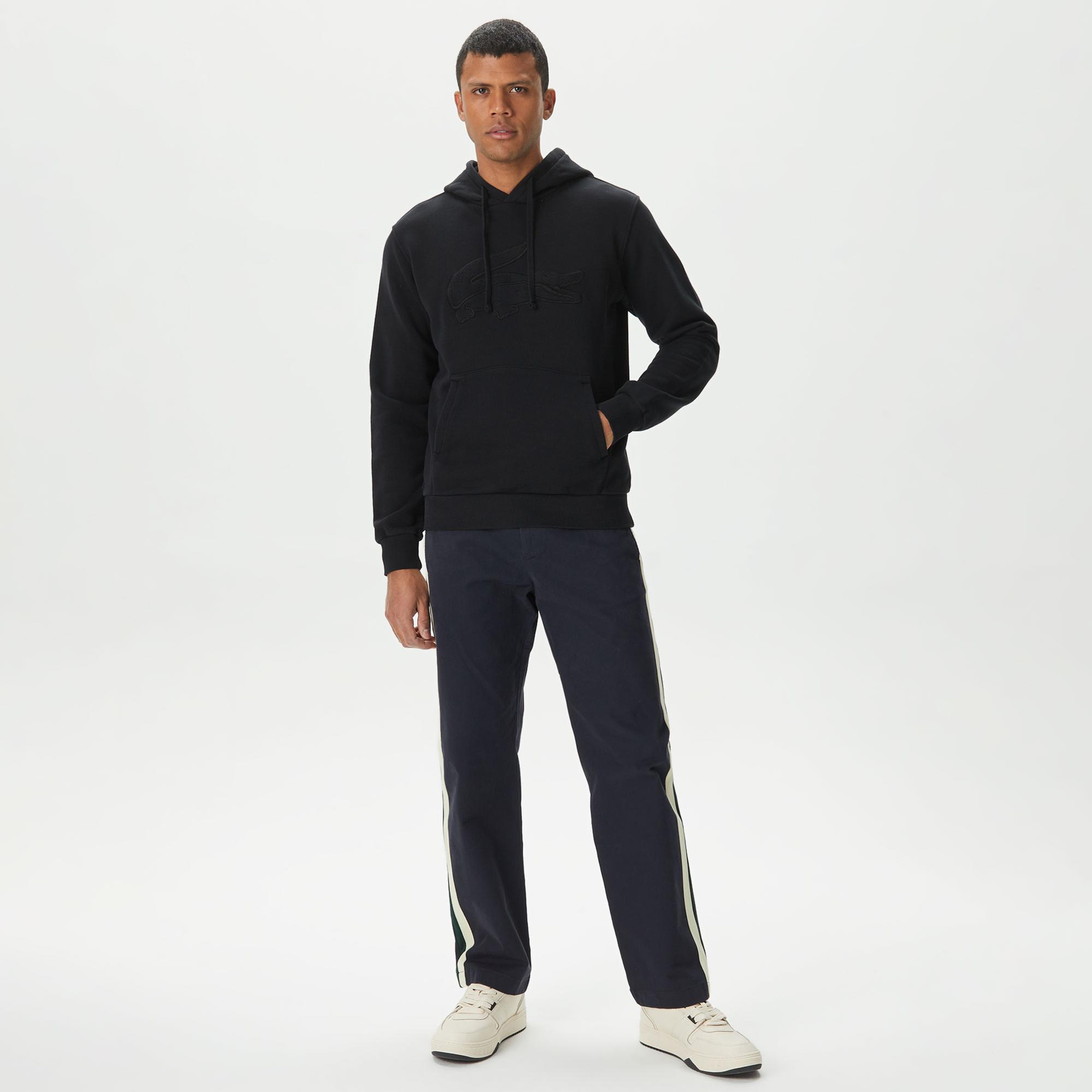 Lacoste Erkek Relaxed Fit Kapüşonlu Baskılı Siyah Sweatshirt