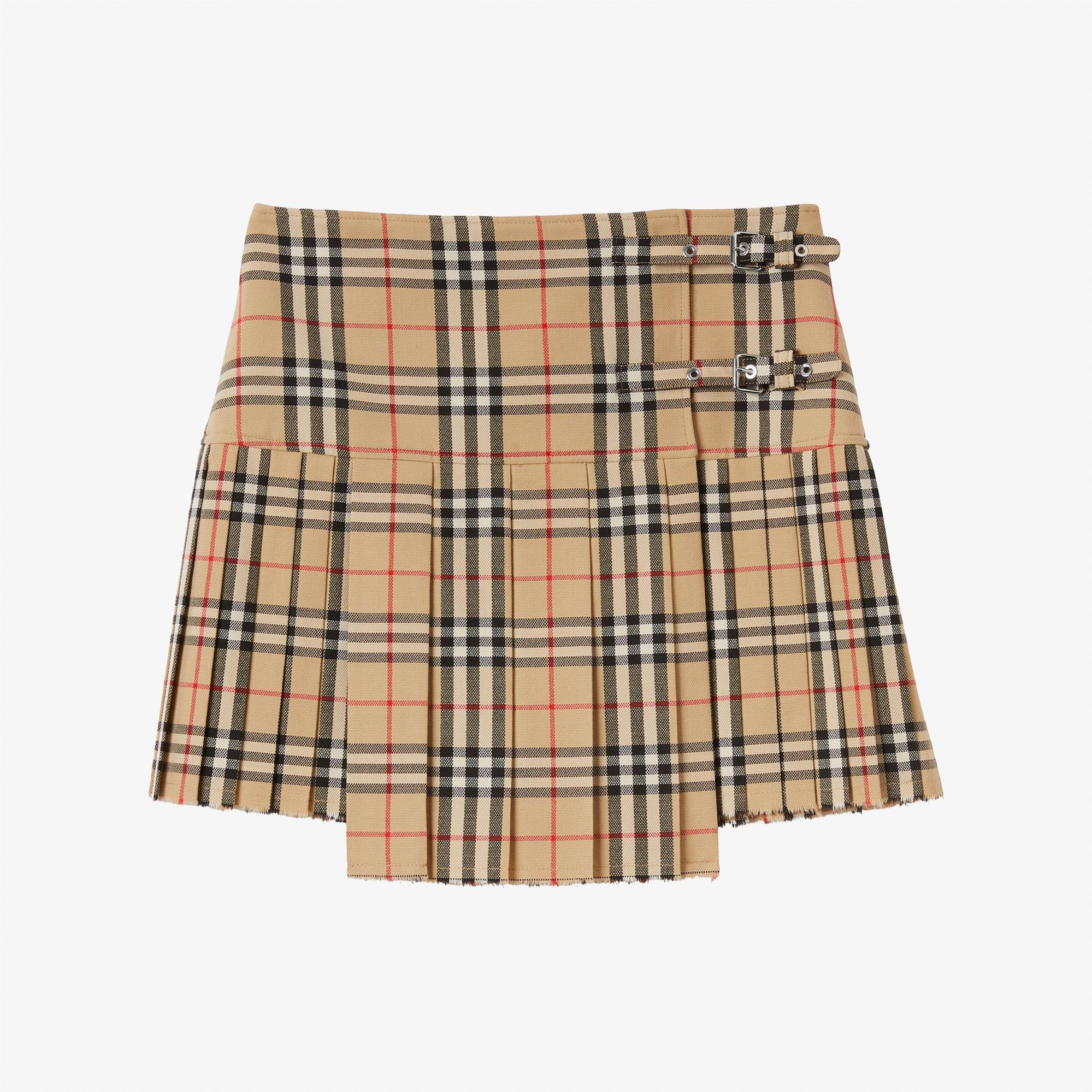 Burberry Pleated Check Yün Mini Kadın Bej Etek