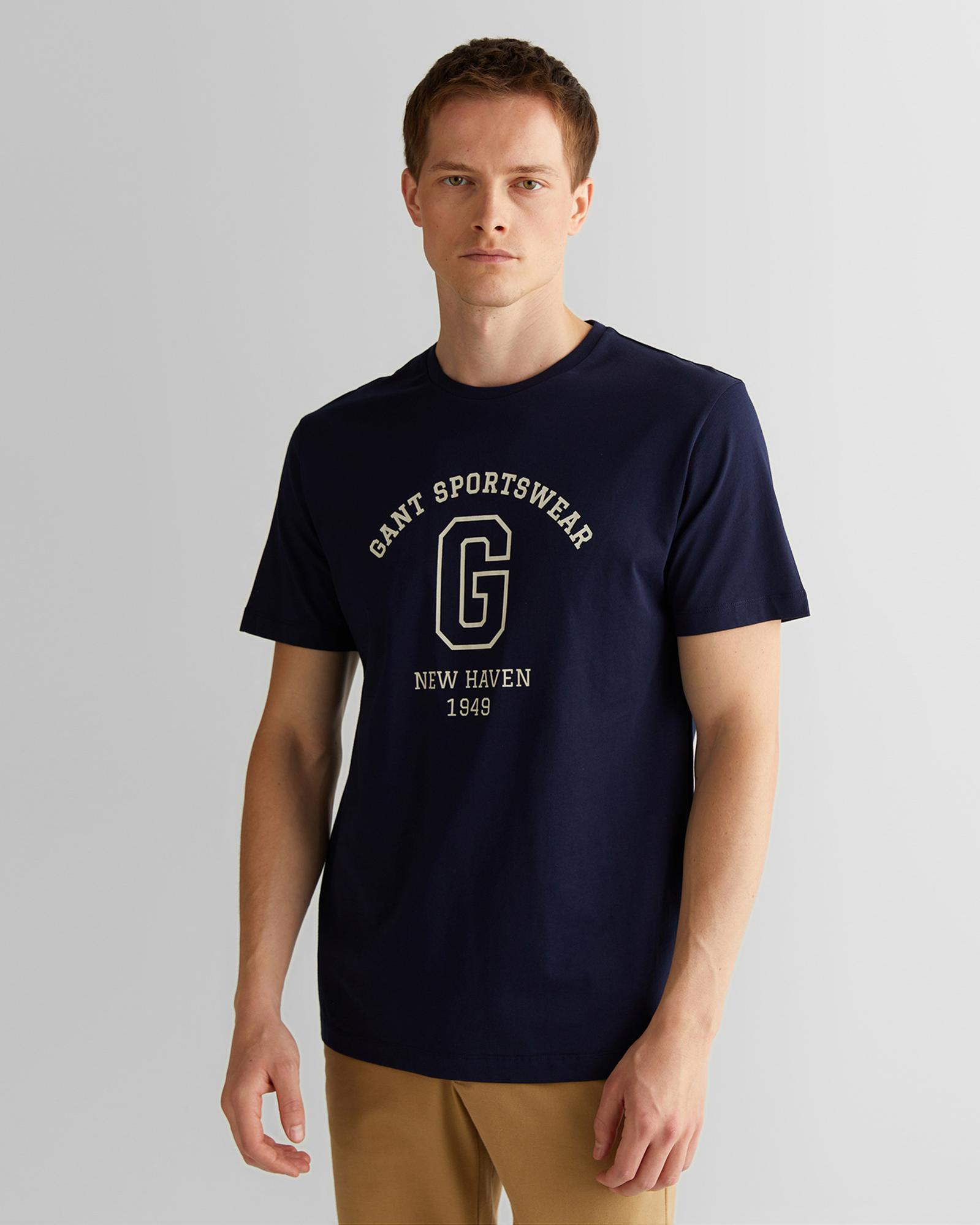 GANT Erkek Lacivert Regular Fit Bisiklet Yaka Logolu T-Shirt