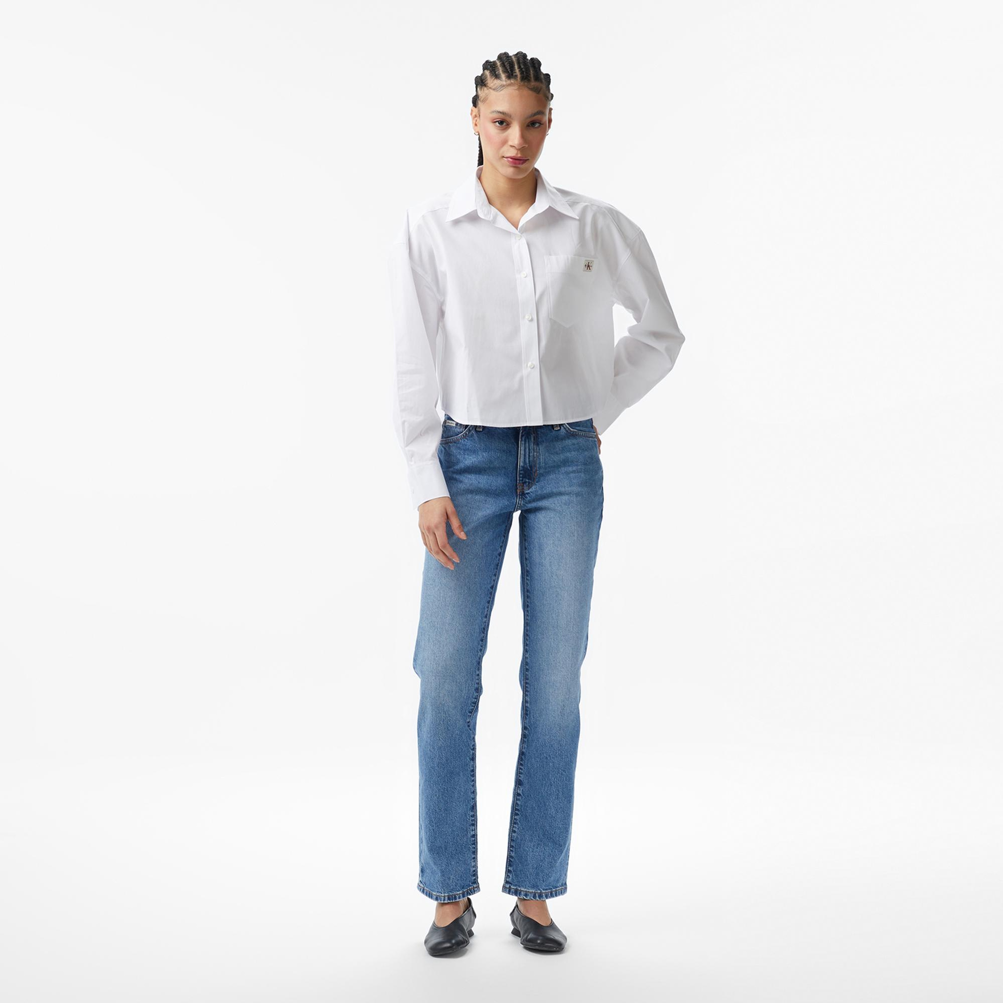 Calvin Klein Cotton Poplin Cropped Wove Kadın Beyaz Gömlek
