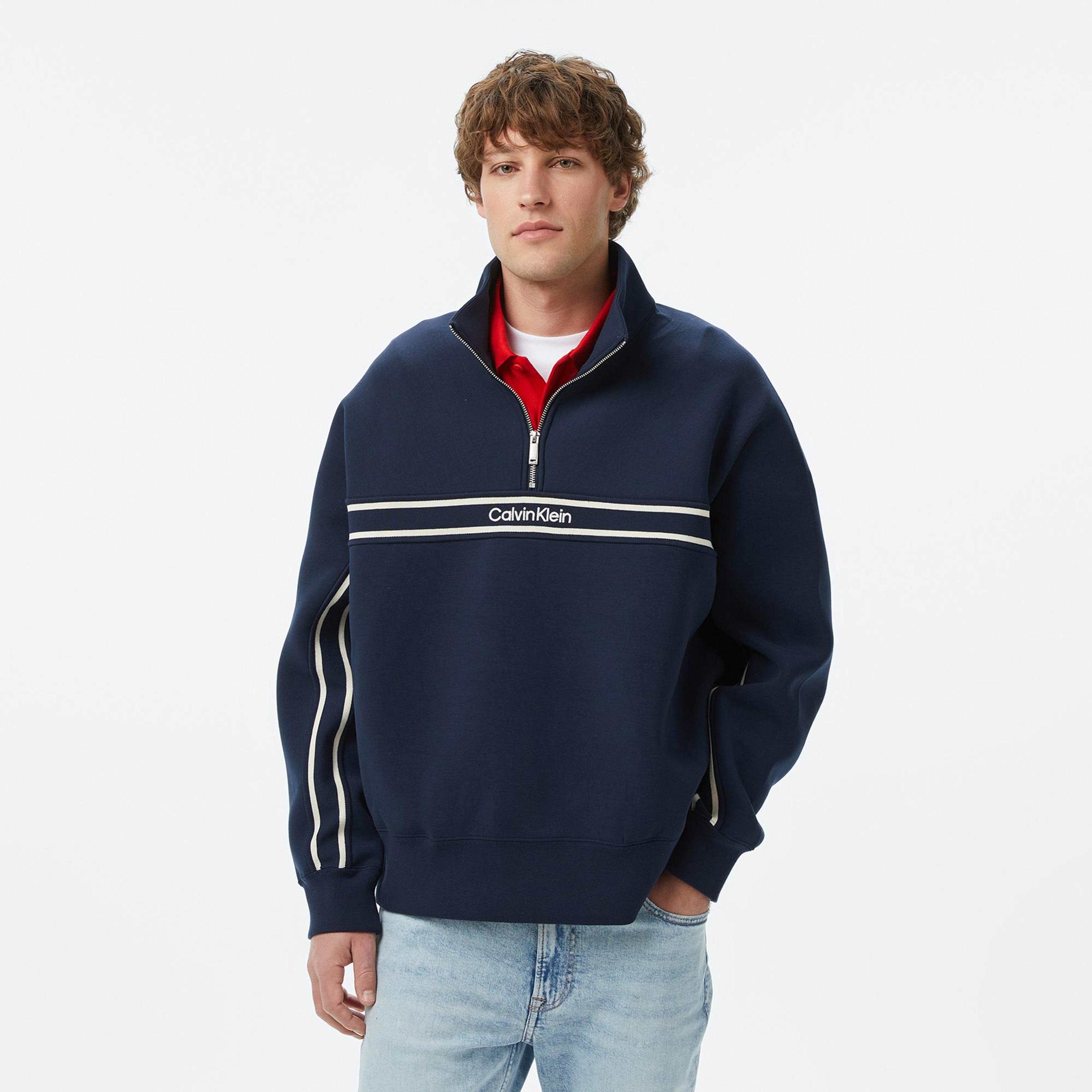 Calvin Klein Cotton Spacer Stripe Erkek Mavi Sweatshirt