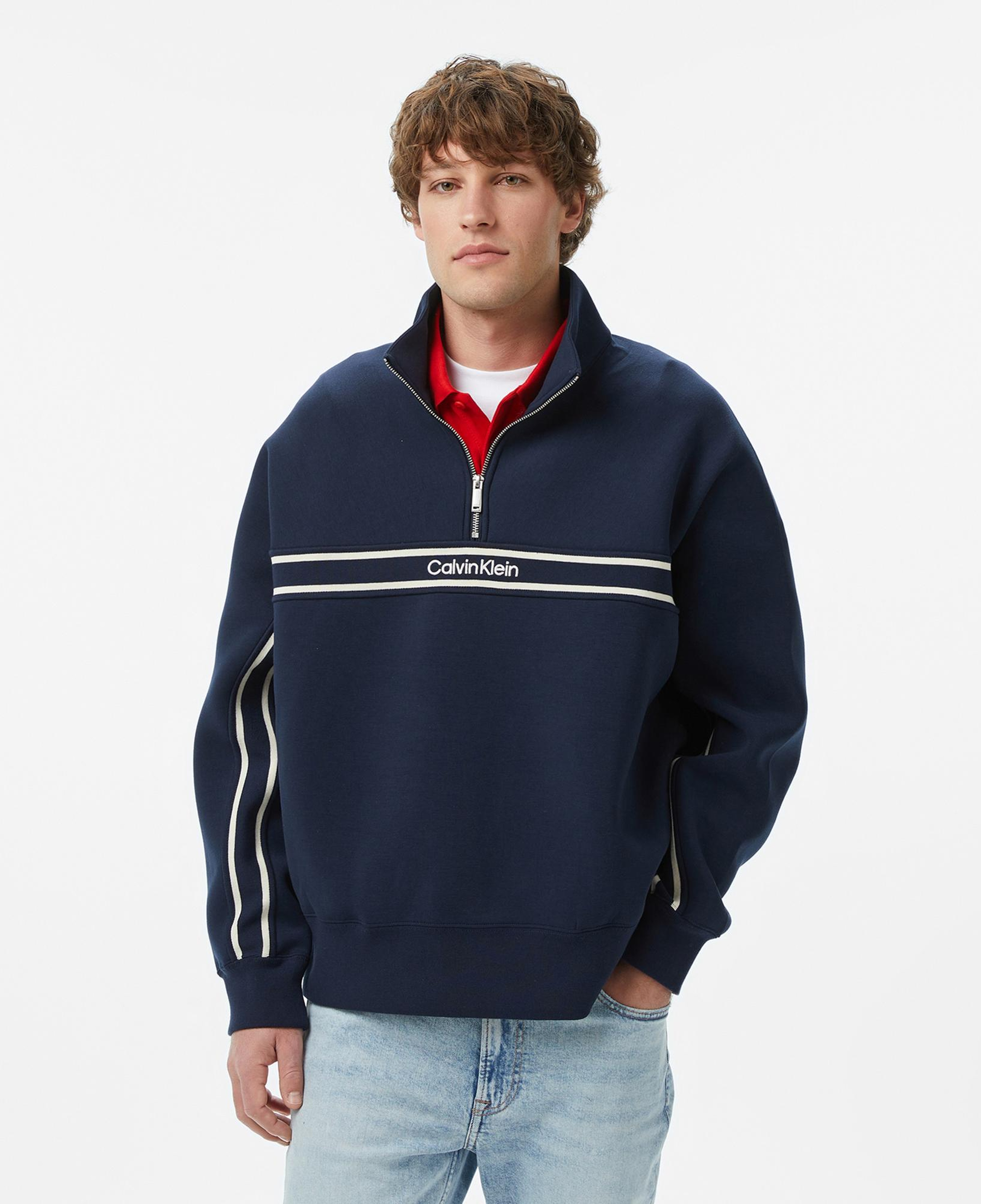 Calvin Klein Cotton Spacer Stripe Erkek Mavi Sweatshirt