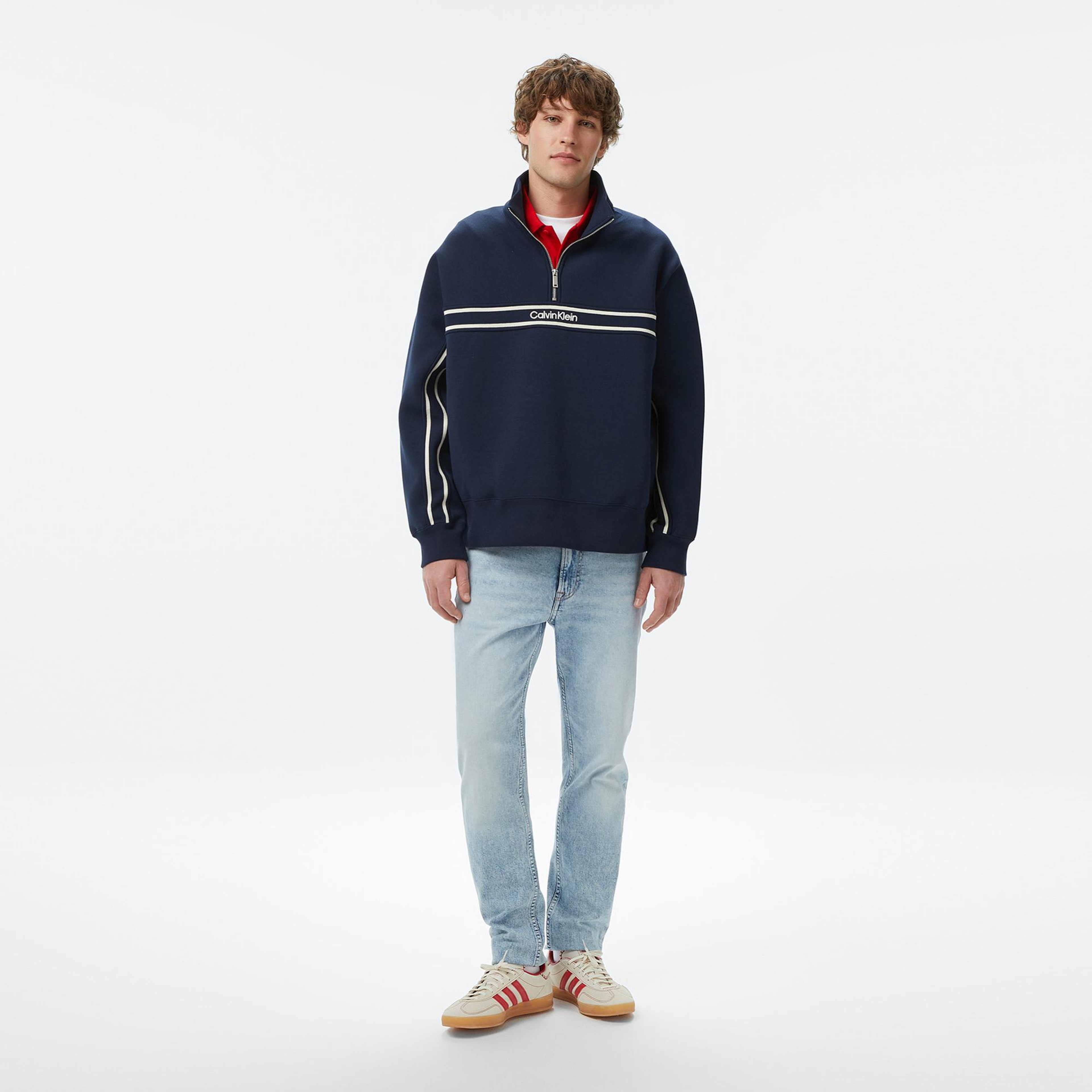 Calvin Klein Cotton Spacer Stripe Erkek Mavi Sweatshirt