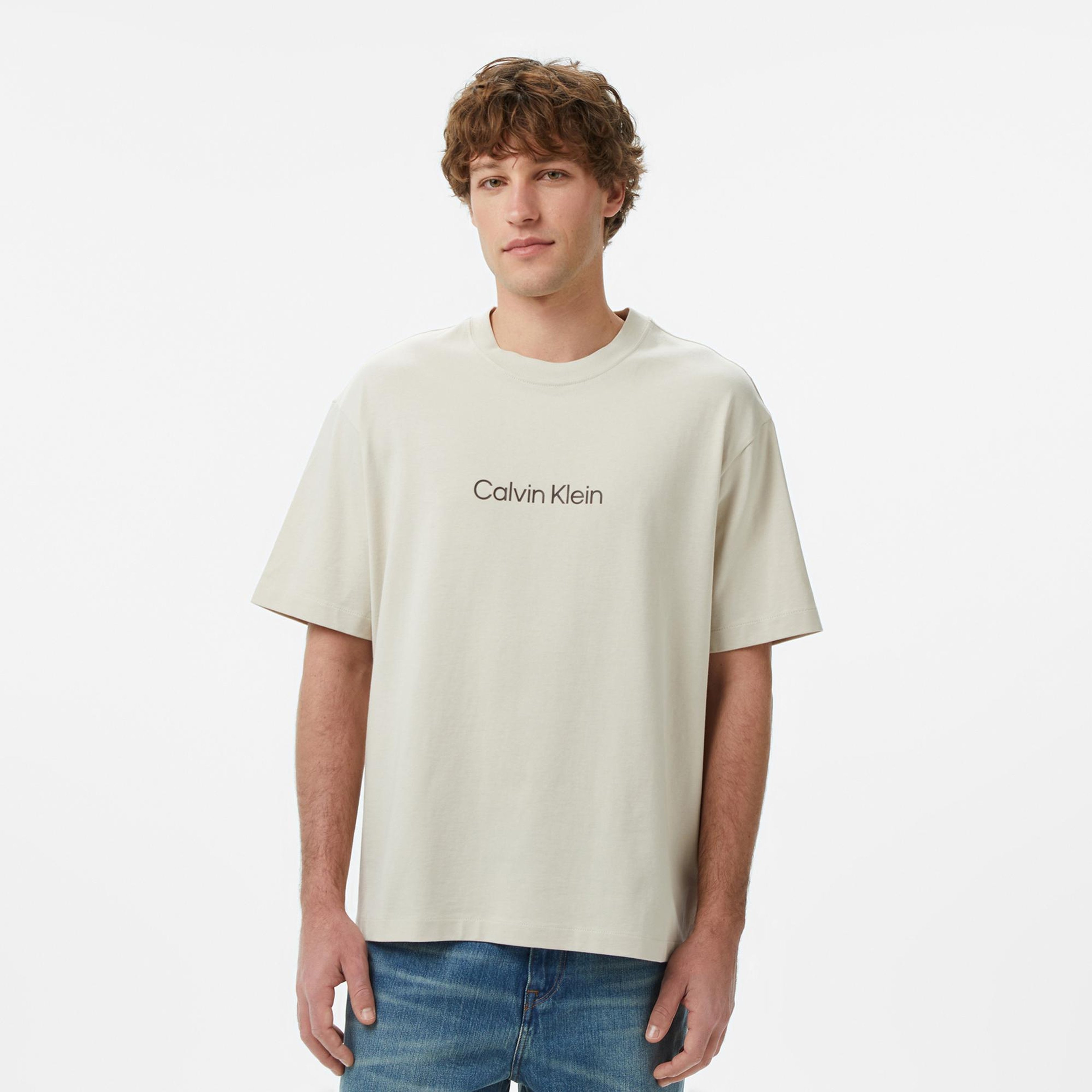 Calvin Klein Relaxed Standard Logo Crewnk Erkek Bej T-Shirt