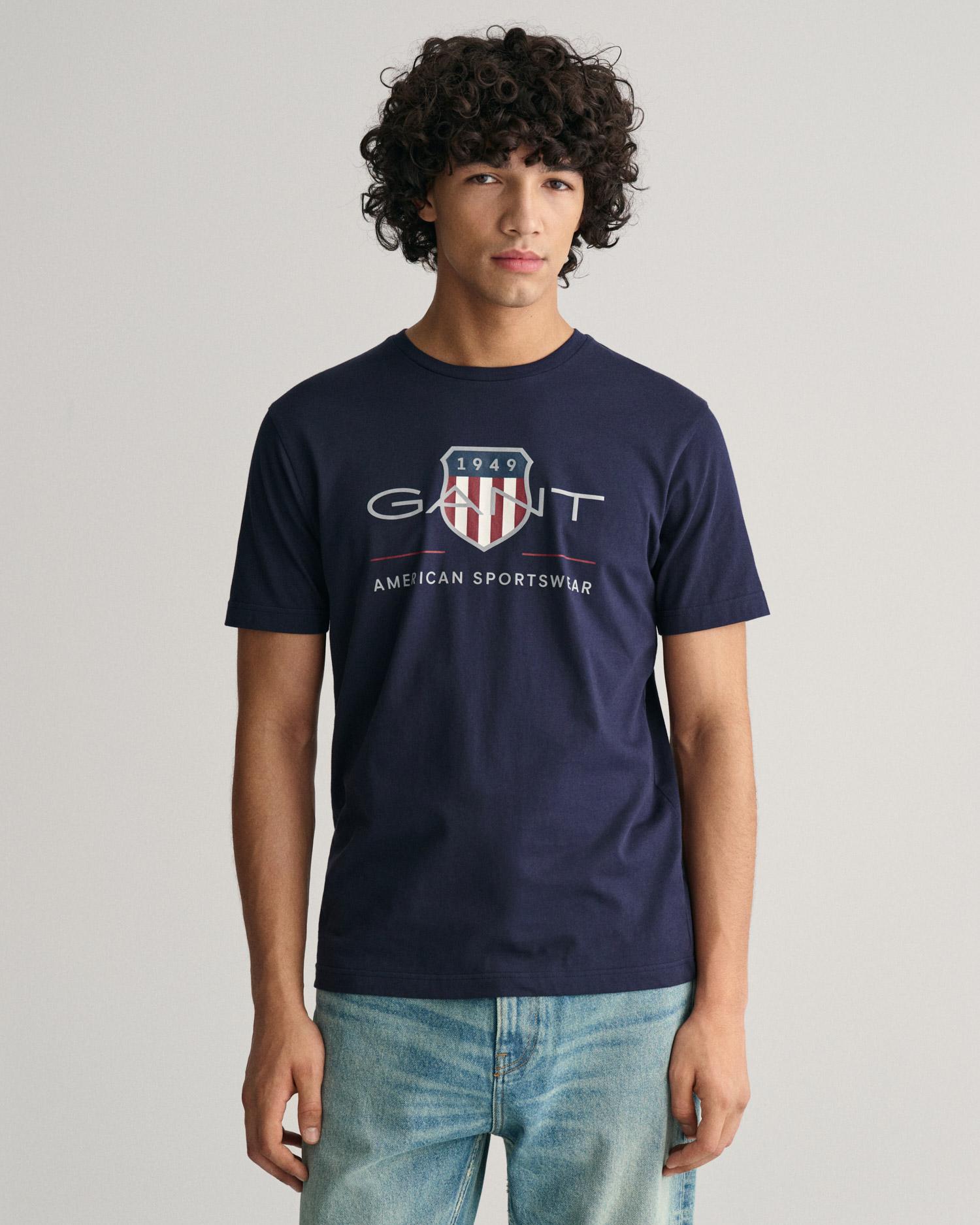 GANT Erkek Lacivert Regular Fit Bisiklet Yaka Logolu T-Shirt