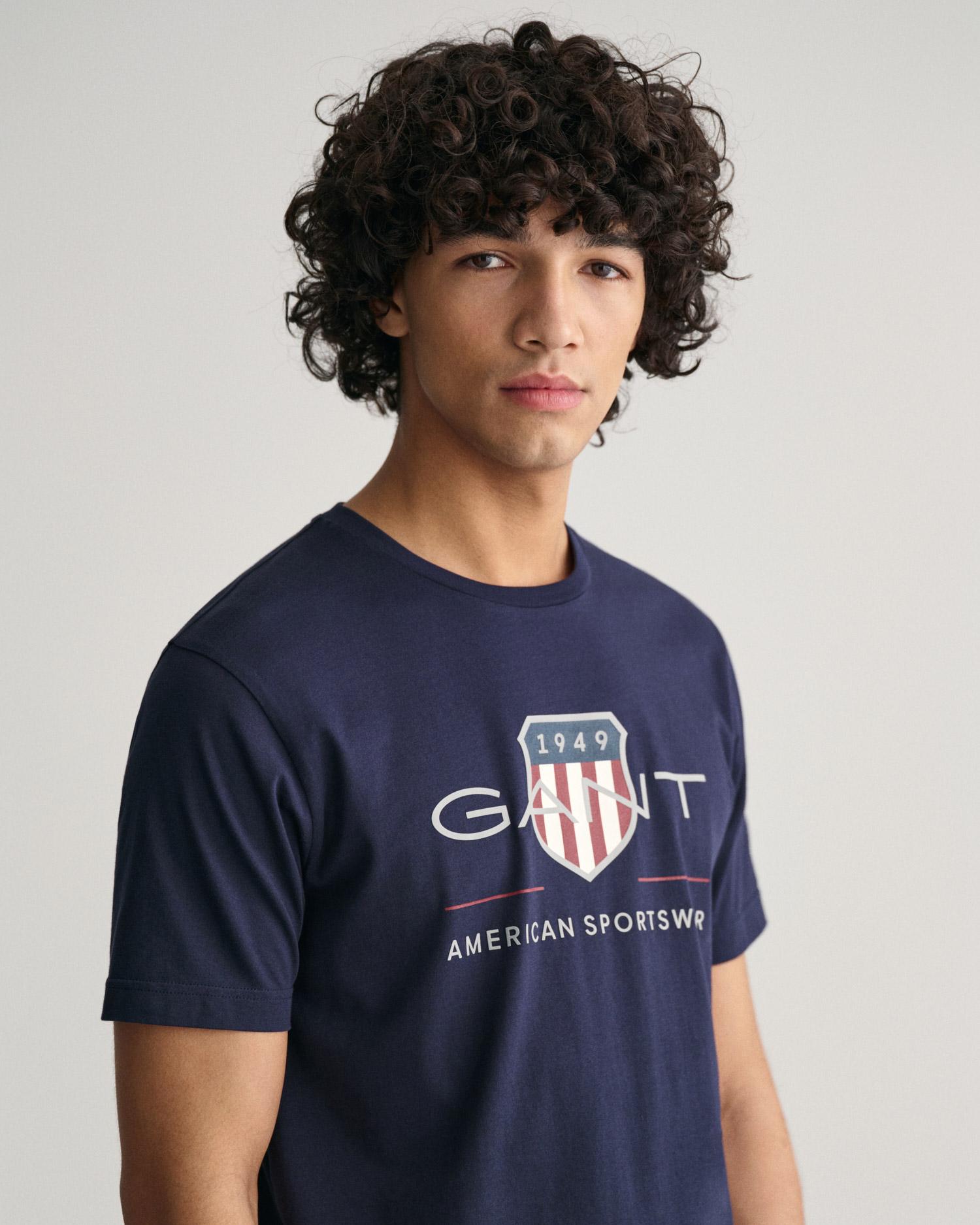 GANT Erkek Lacivert Regular Fit Bisiklet Yaka Logolu T-Shirt