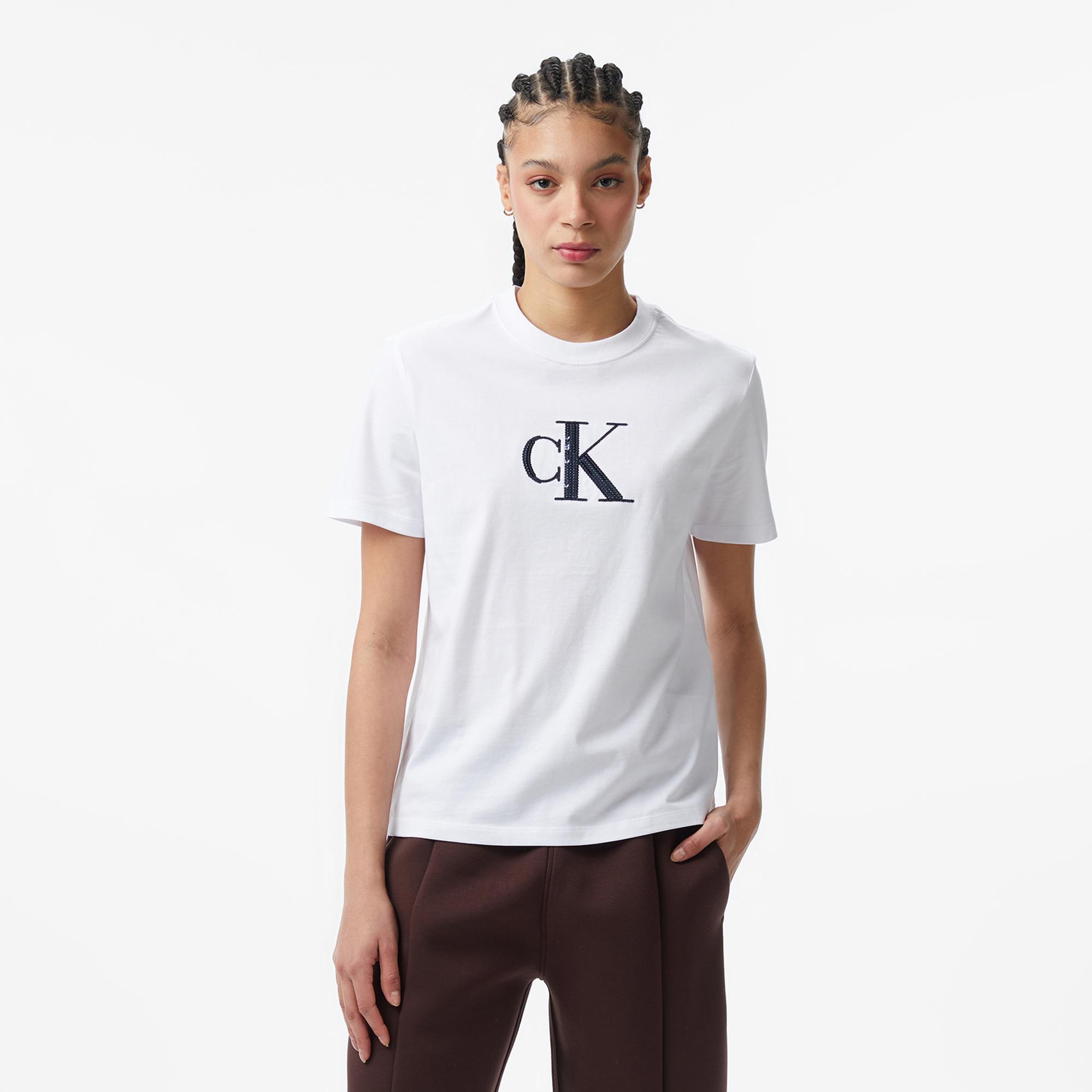 Calvin Klein Sequin Graphic  Kadın Beyaz T-Shirt