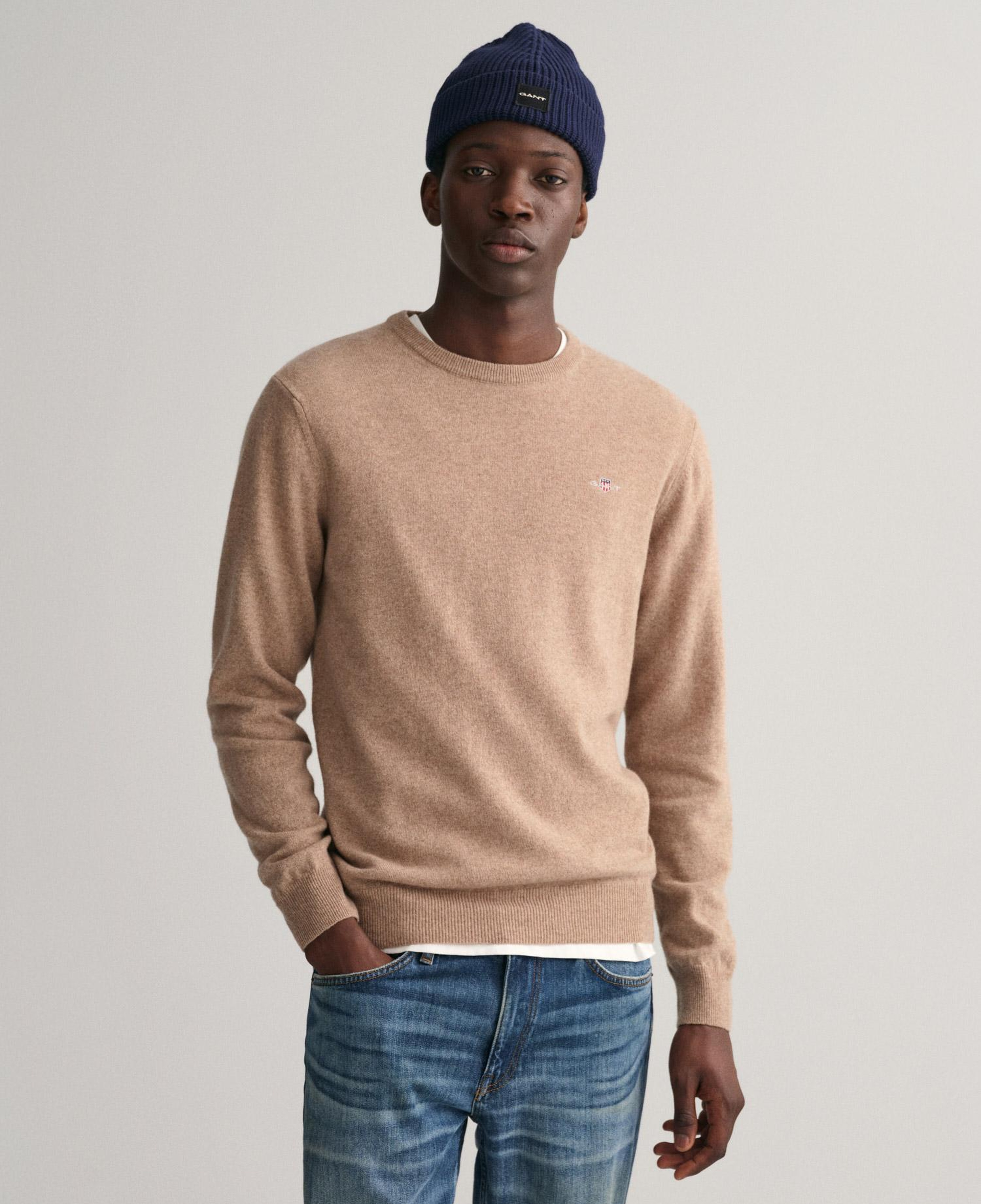 GANT Erkek Bej Regular Fit Bisiklet Yaka Yün Kazak