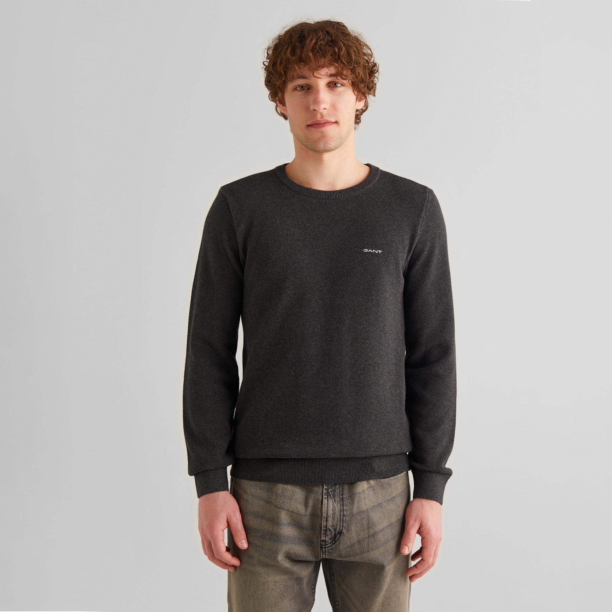 GANT Erkek Gri Regular Fit Bisiklet Yaka Kazak