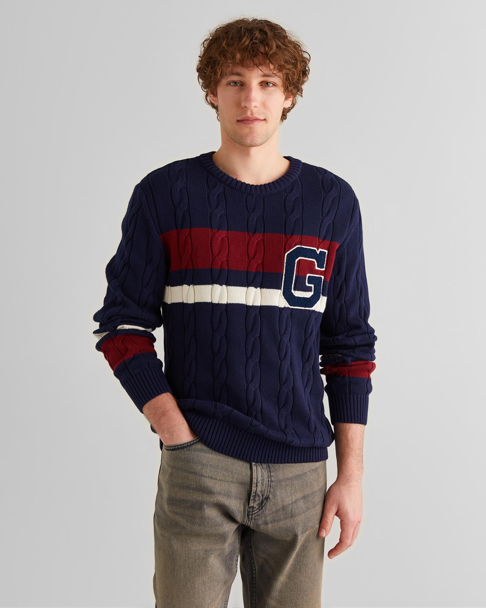 GANT Erkek Lacivert Relaxed Fit Bisiklet Yaka Renk Bloklu Örgü Kazak