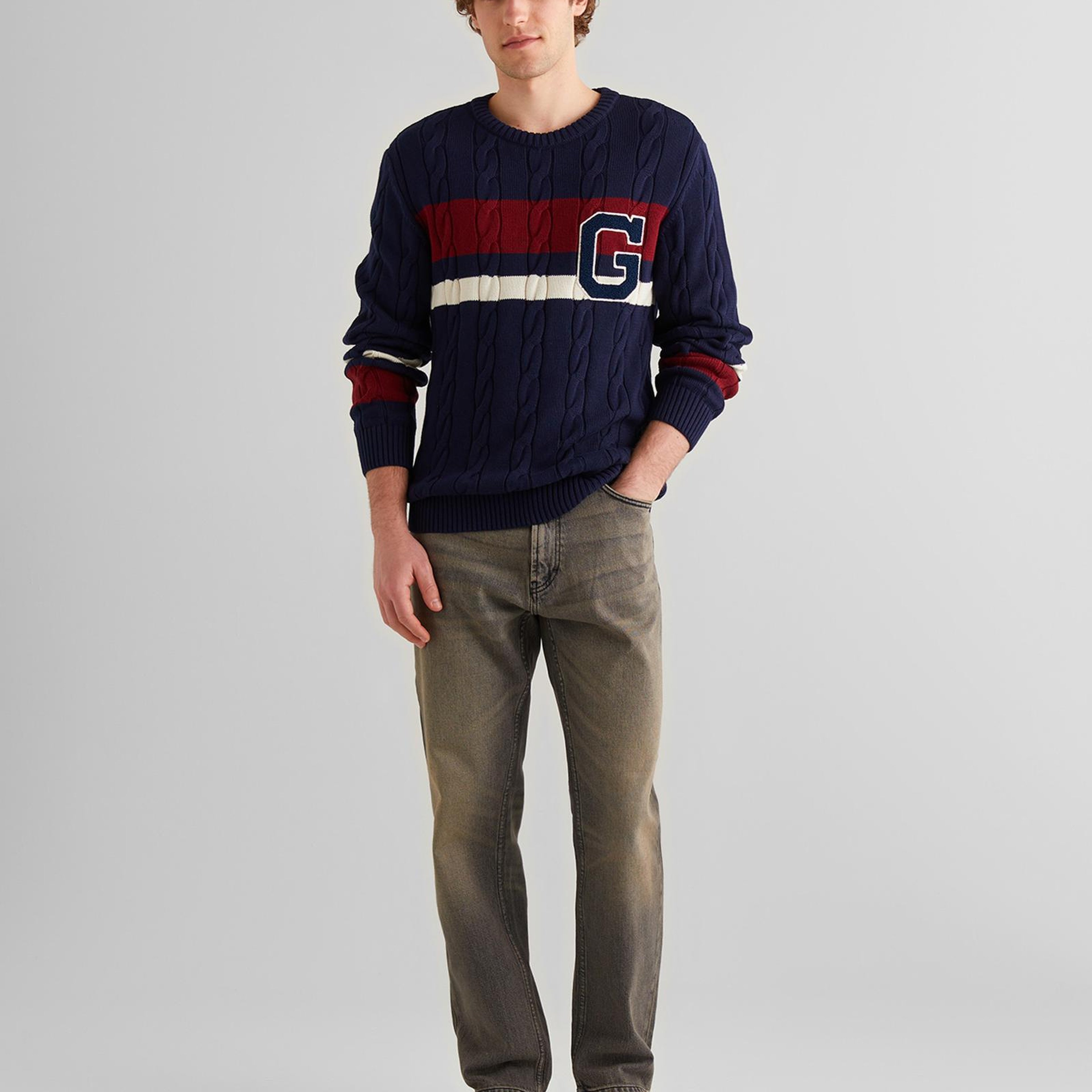 GANT Erkek Lacivert Relaxed Fit Bisiklet Yaka Renk Bloklu Örgü Kazak