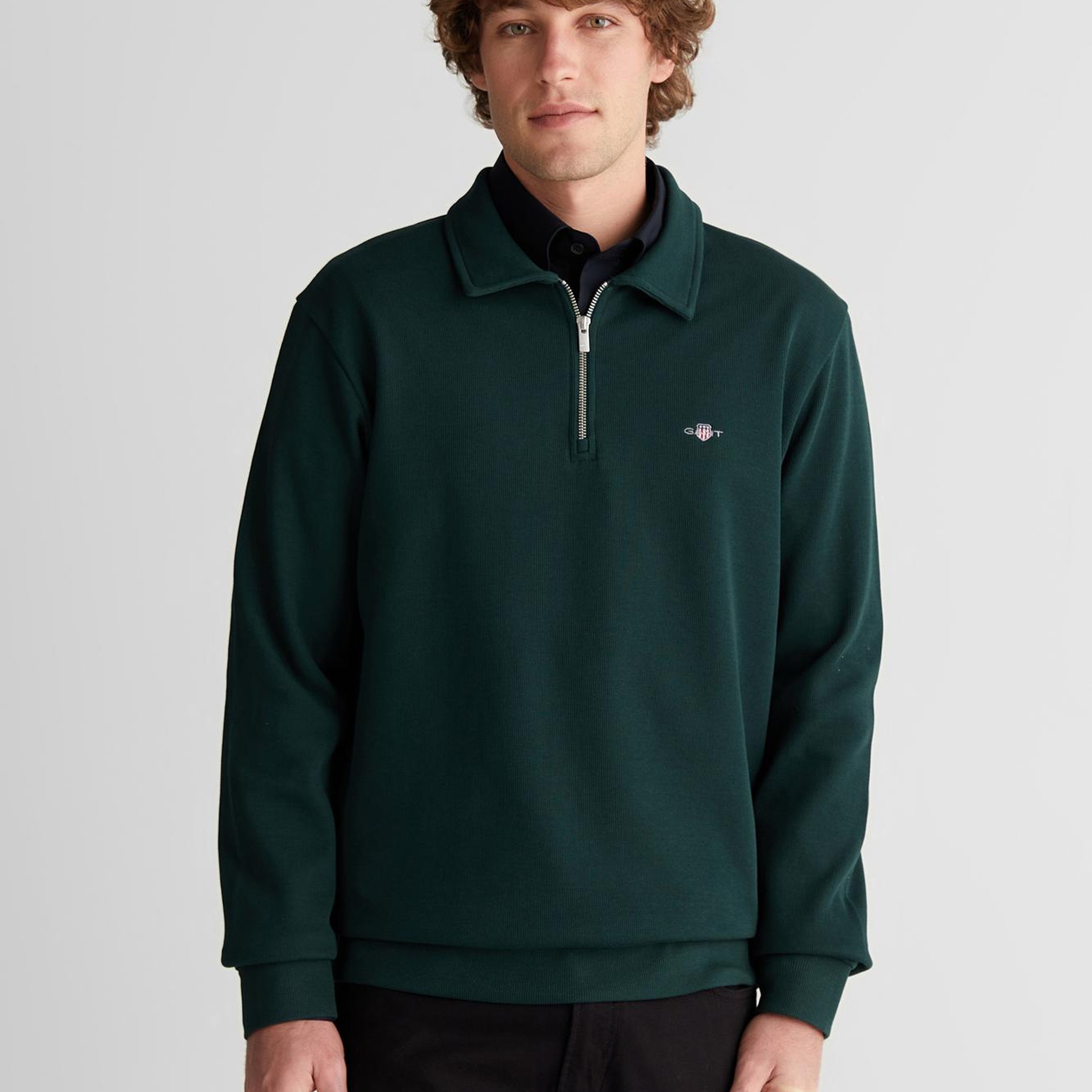 GANT Erkek Yeşil Regular Fit Yarım Fermuarlı Logolu Sweatshirt