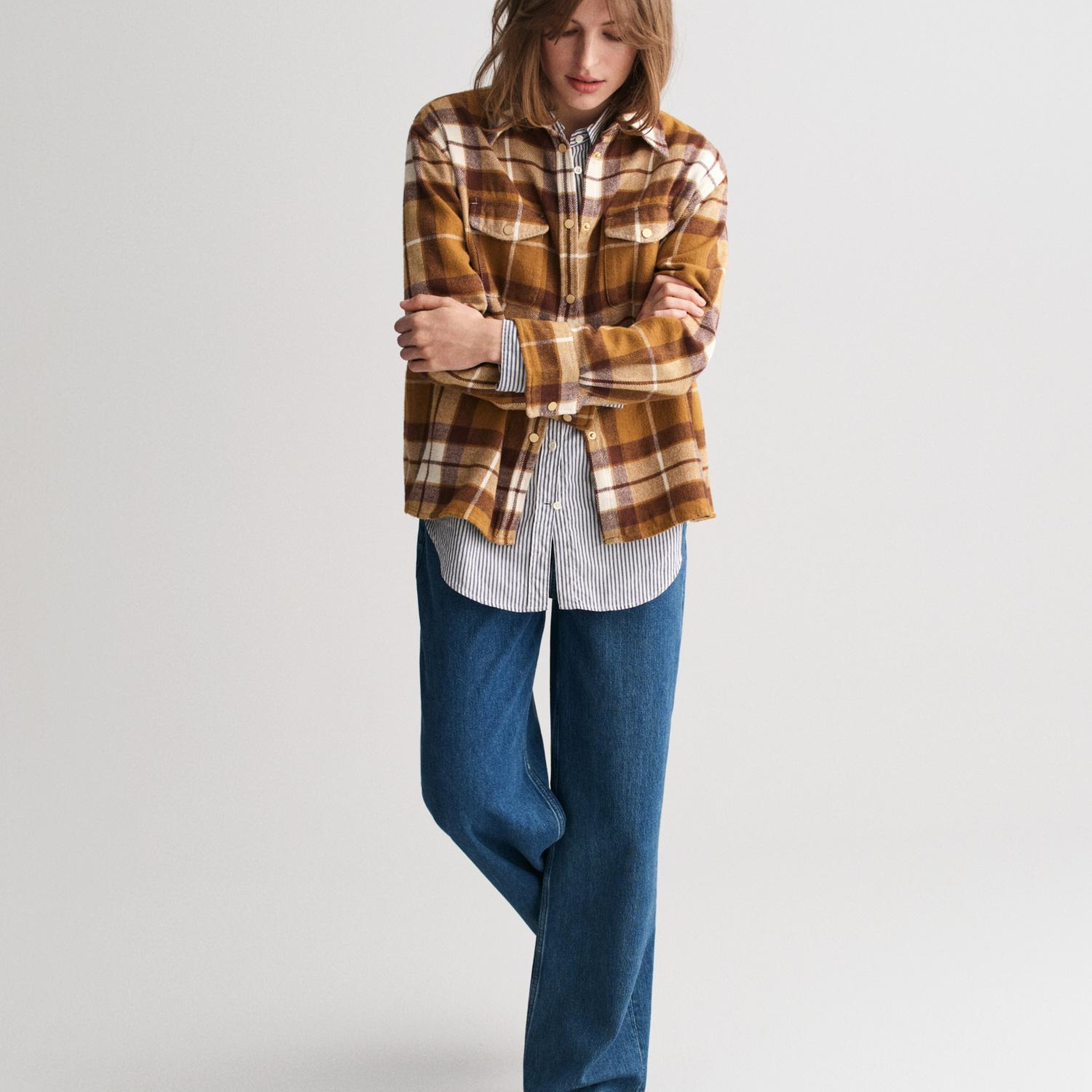 GANT Kadın Kahverengi Relaxed Fit Kareli Gömlek