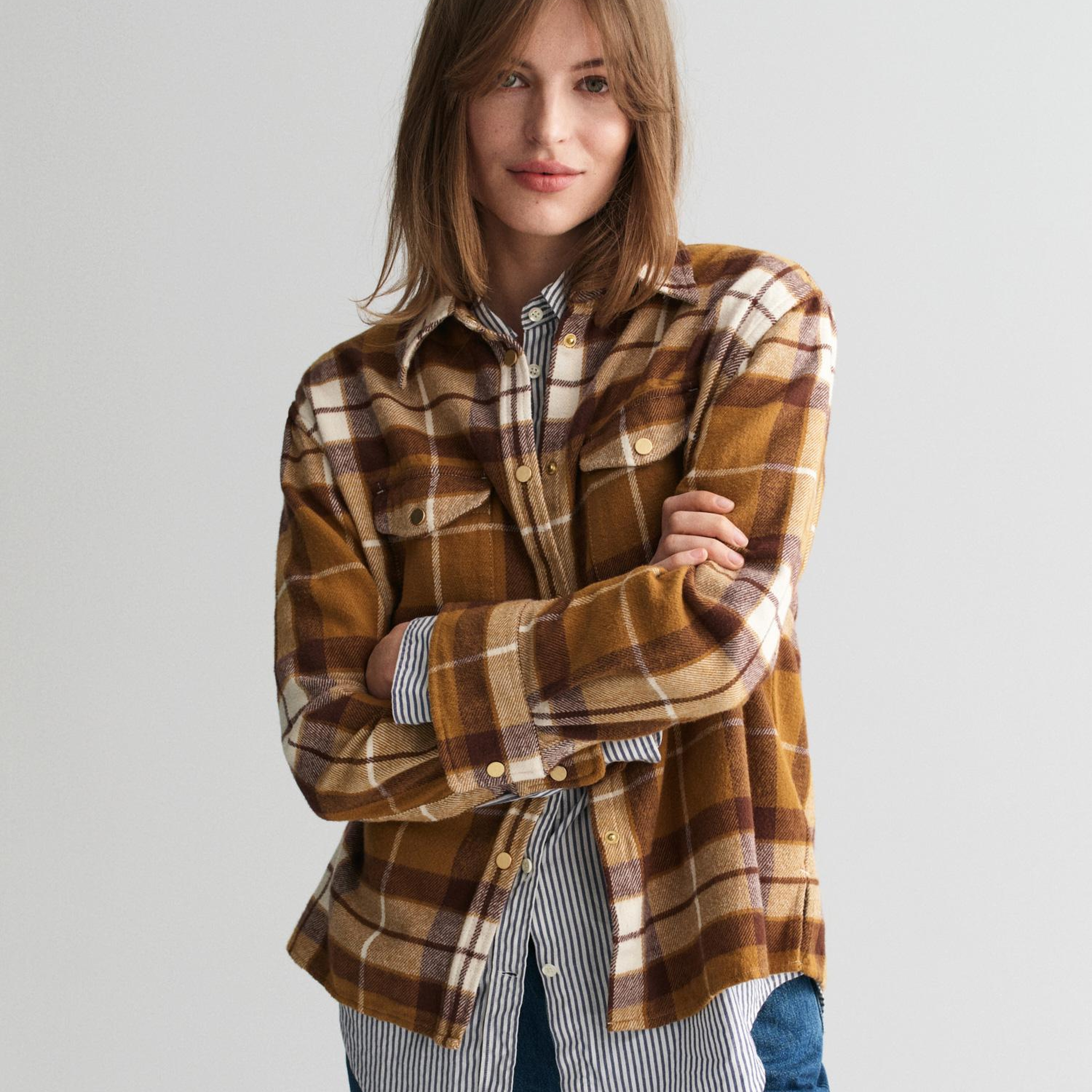 GANT Kadın Kahverengi Relaxed Fit Kareli Gömlek
