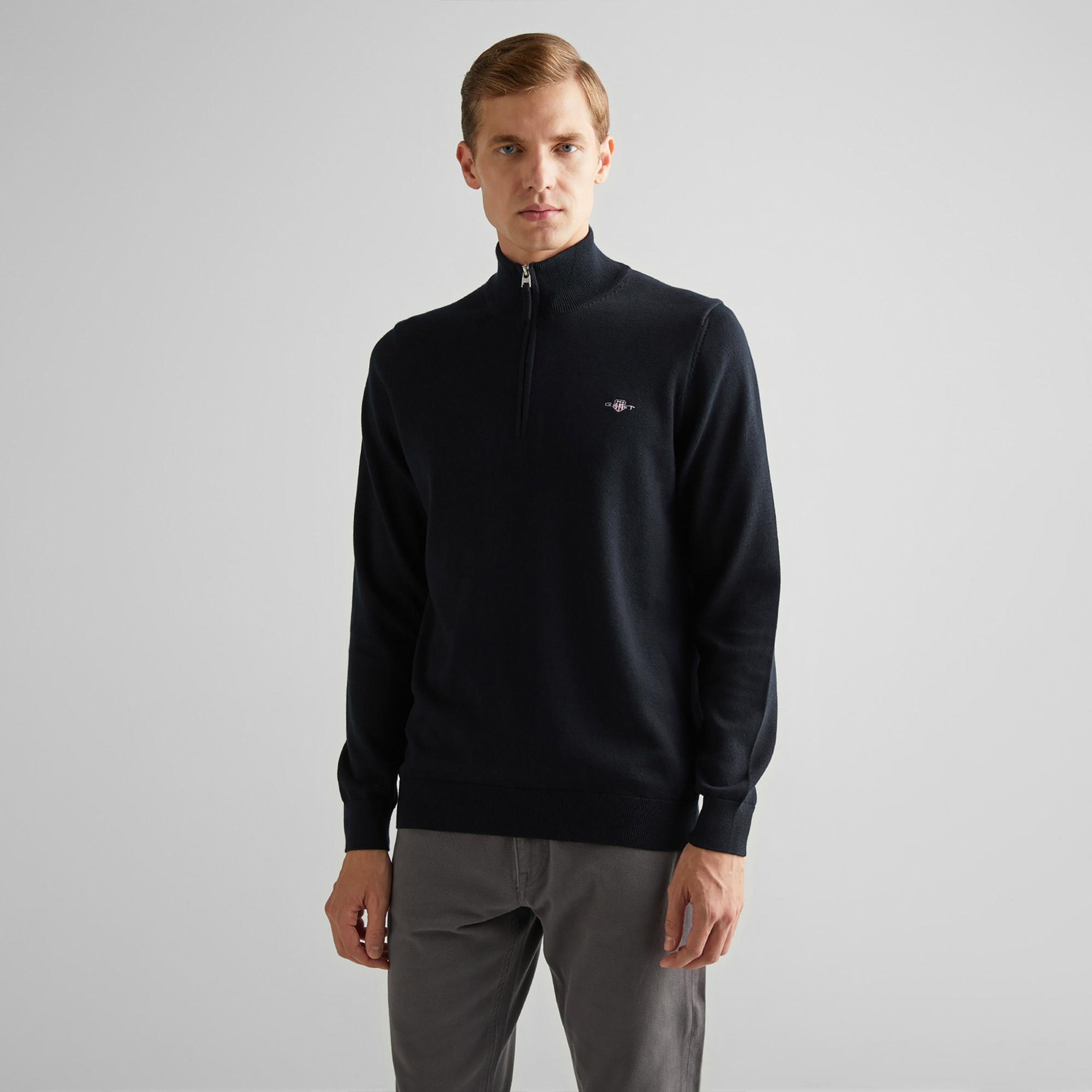 GANT Erkek Siyah Regular Fit Yarım Fermuarlı Kazak