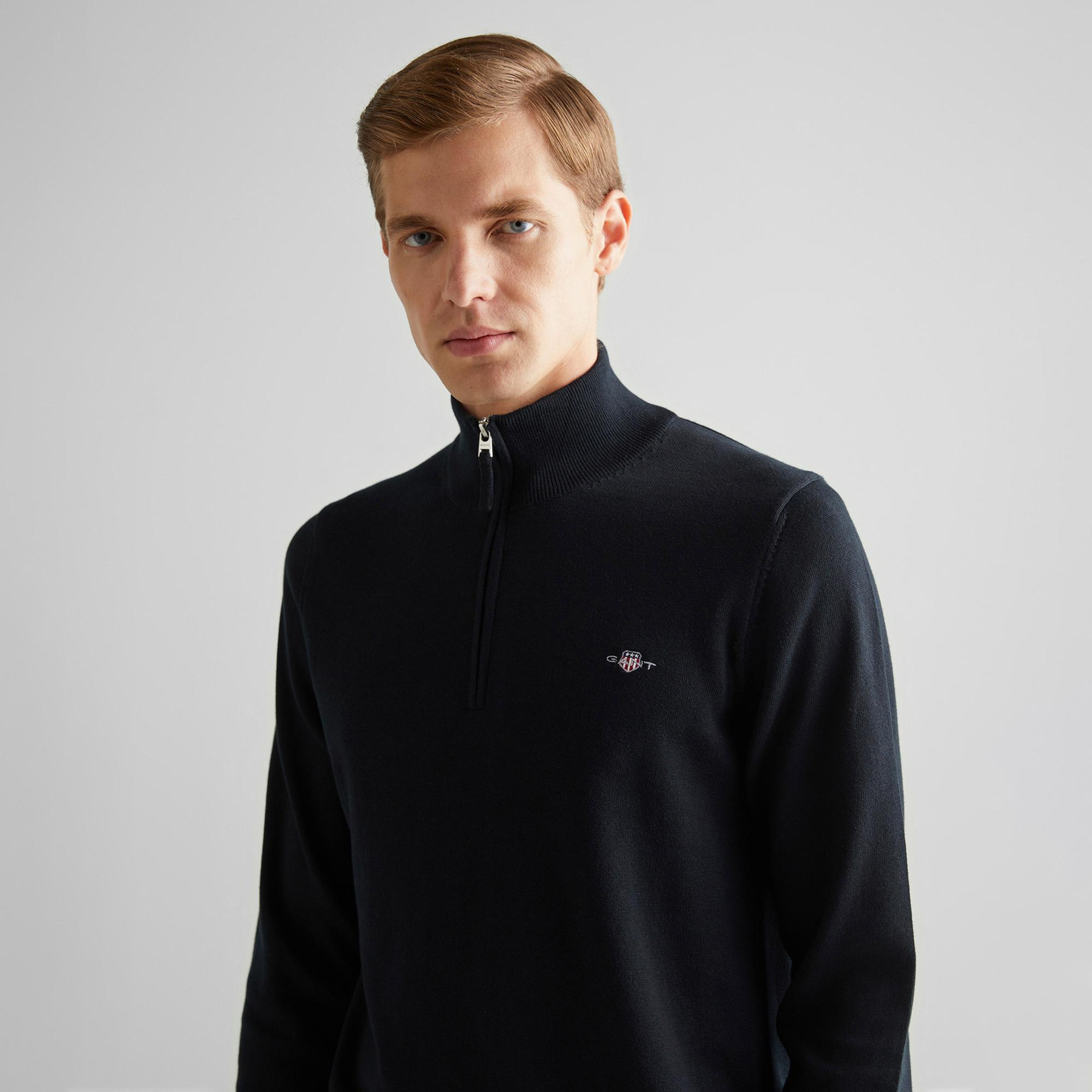 GANT Erkek Siyah Regular Fit Yarım Fermuarlı Kazak