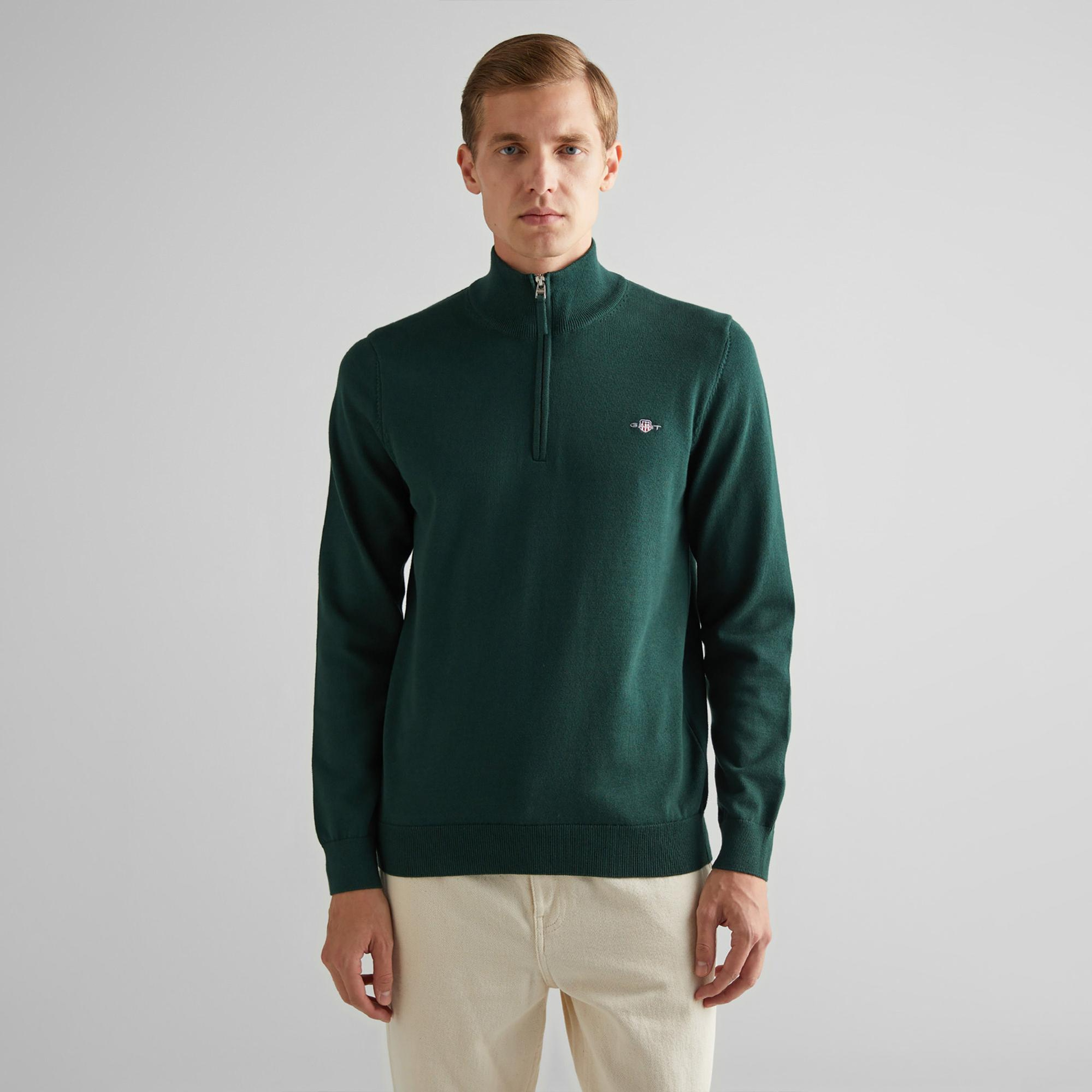 GANT Erkek Yeşil Regular Fit Yarım Fermuarlı Kazak