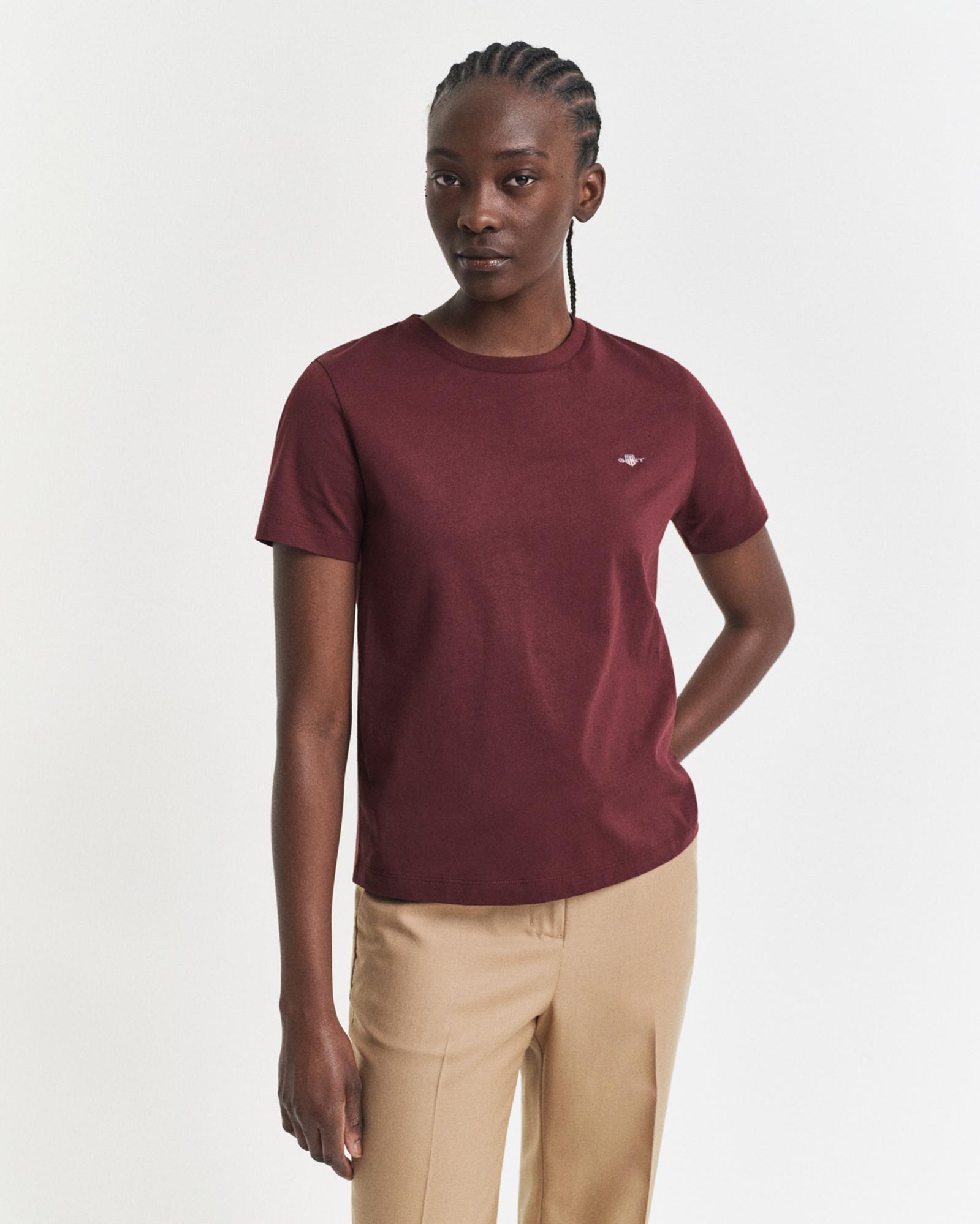 GANT Kadın Bordo Regular Fit Bisiklet Yaka T-Shirt