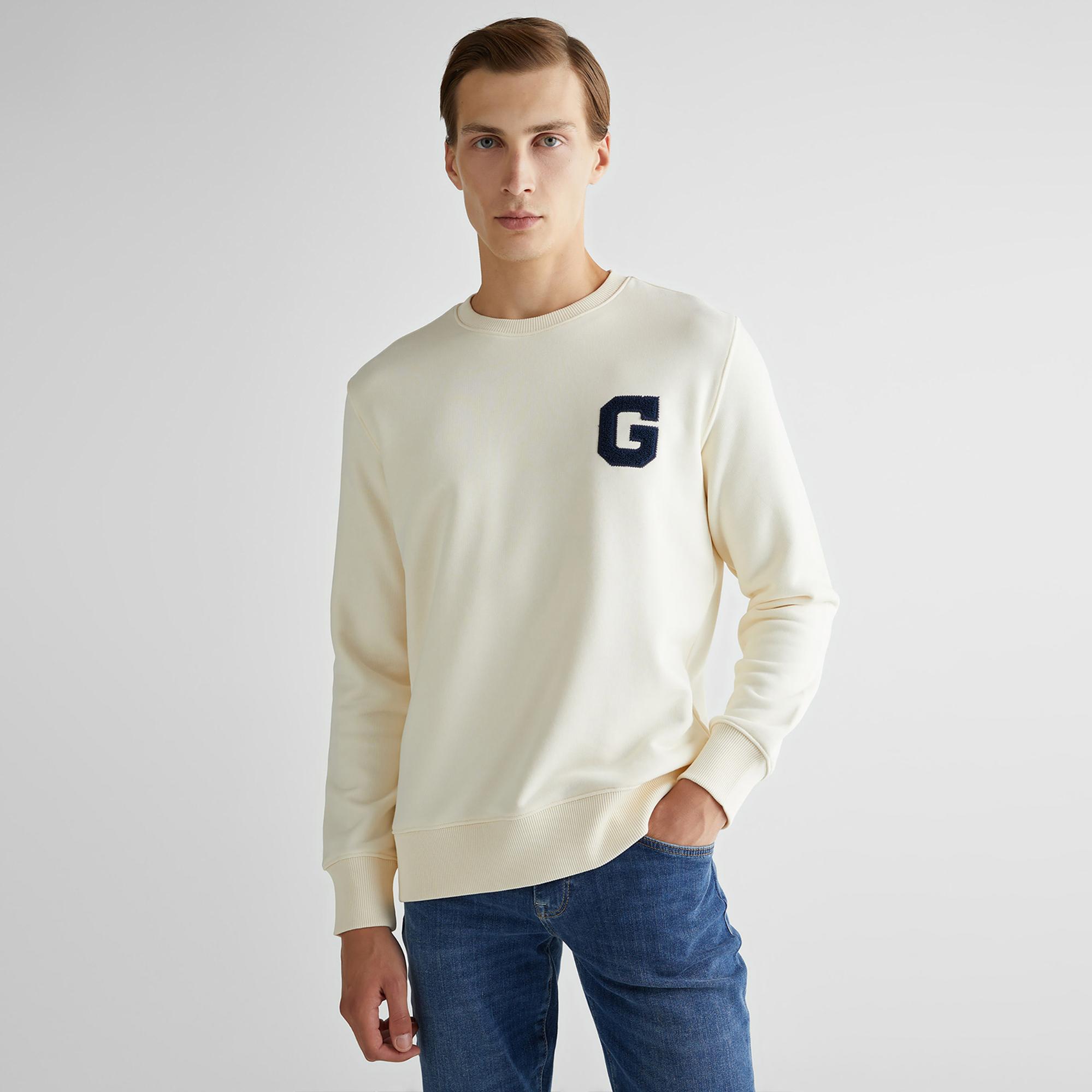 GANT Erkek Krem Regular Fit Bisiklet Yaka Logolu Sweatshirt