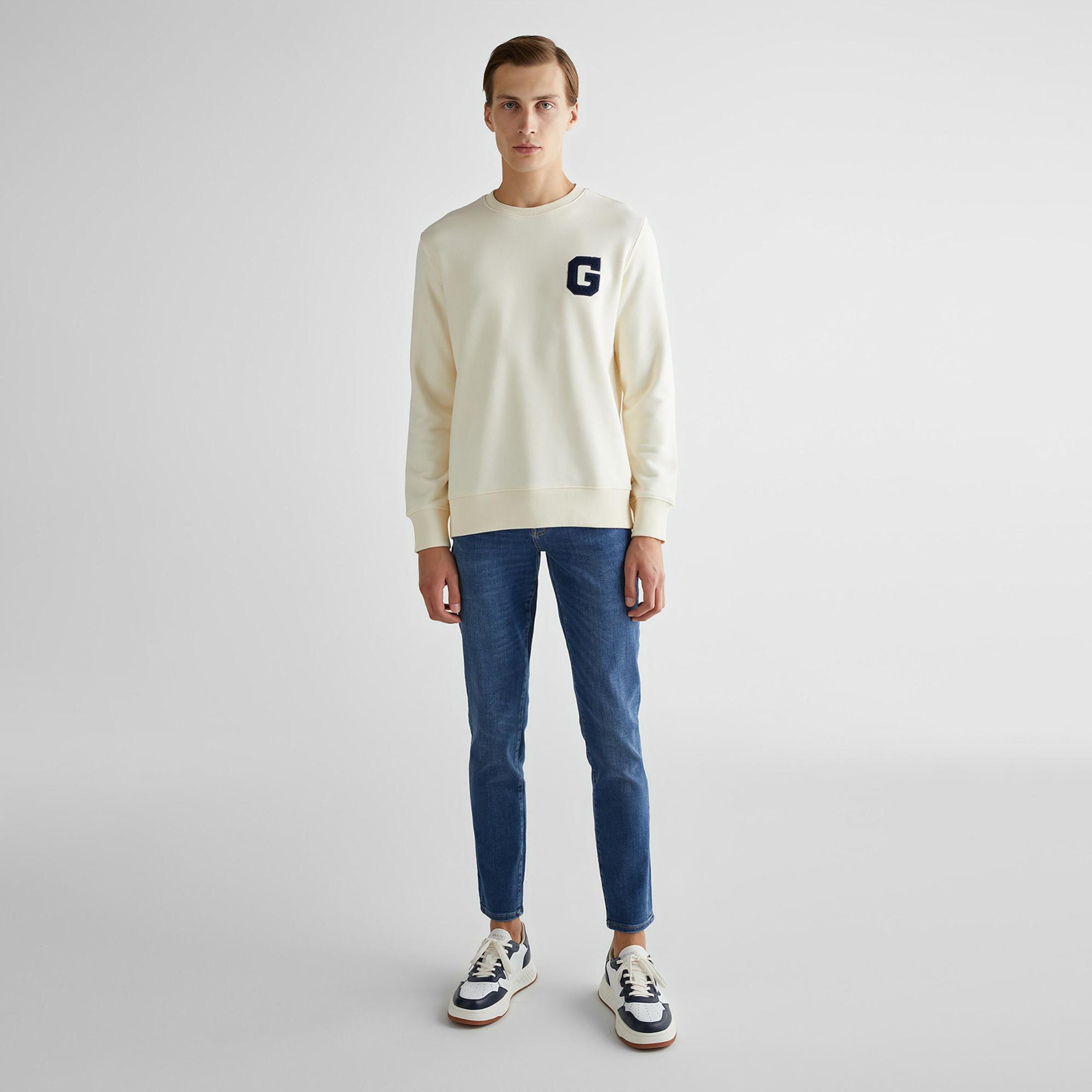 GANT Erkek Krem Regular Fit Bisiklet Yaka Logolu Sweatshirt