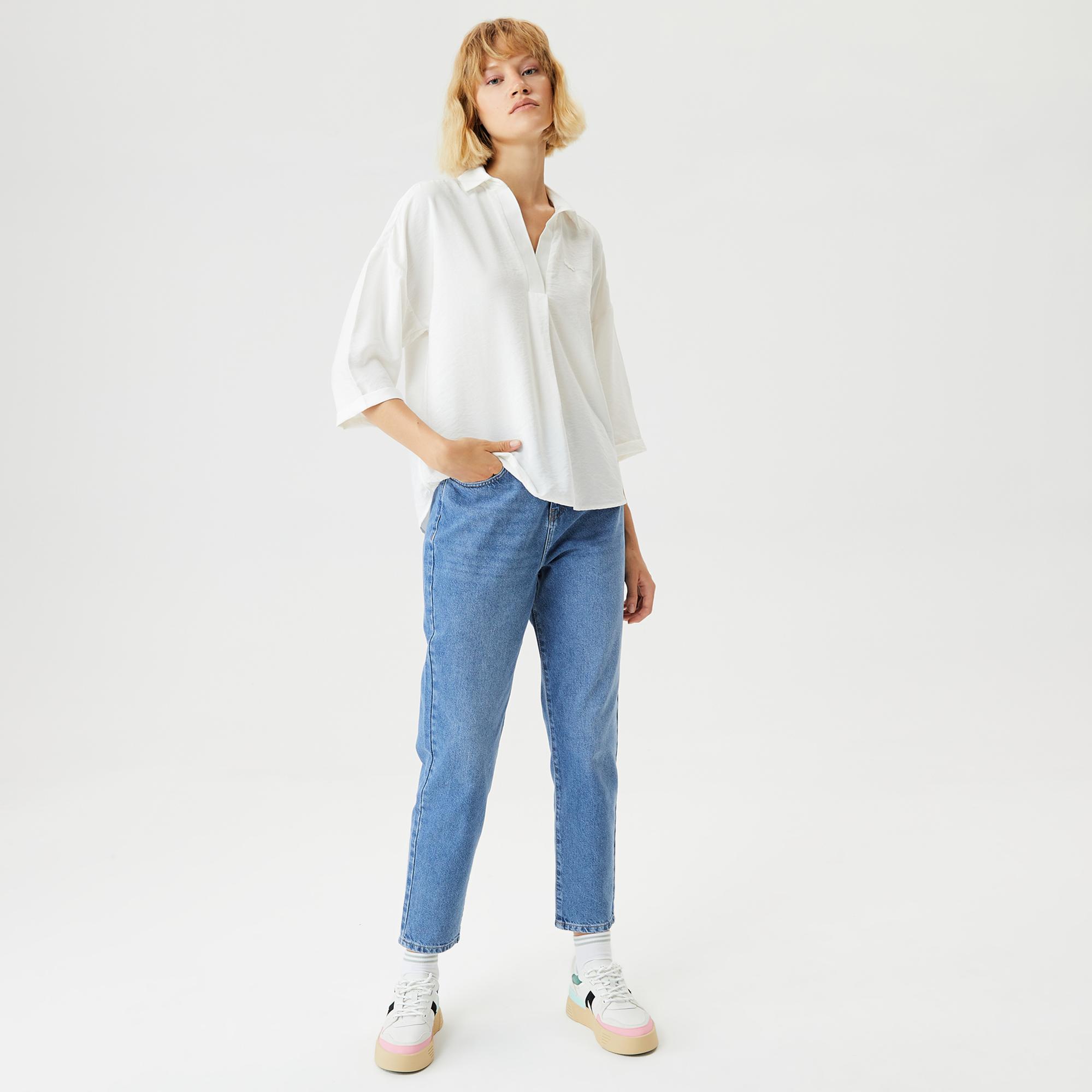 Lacoste Kadın Regular Fit Truvakar Kollu V Yaka Beyaz Bluz