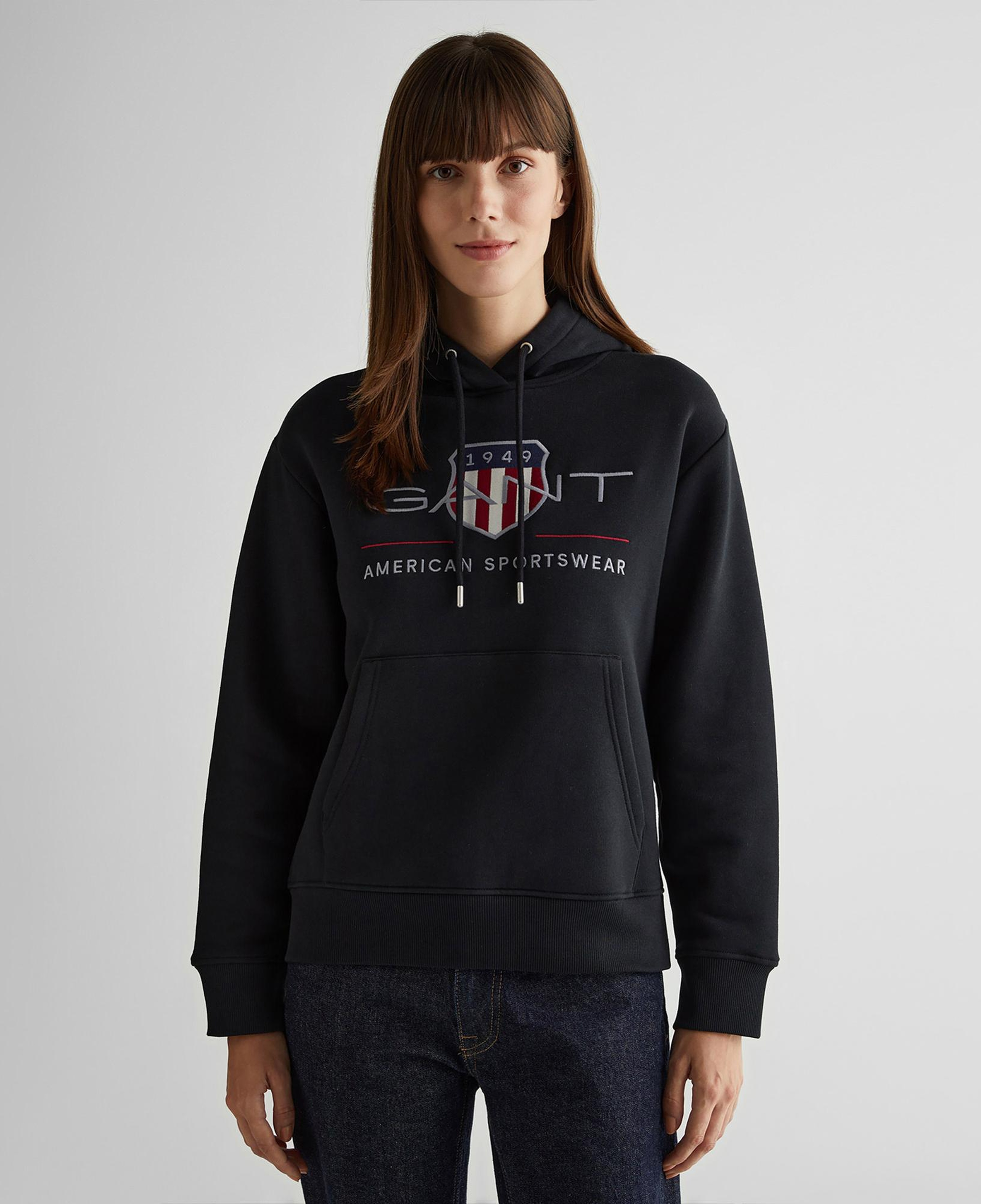 GANT Kadın Siyah Relaxed Fit Kapüşonlu Logolu Sweatshirt