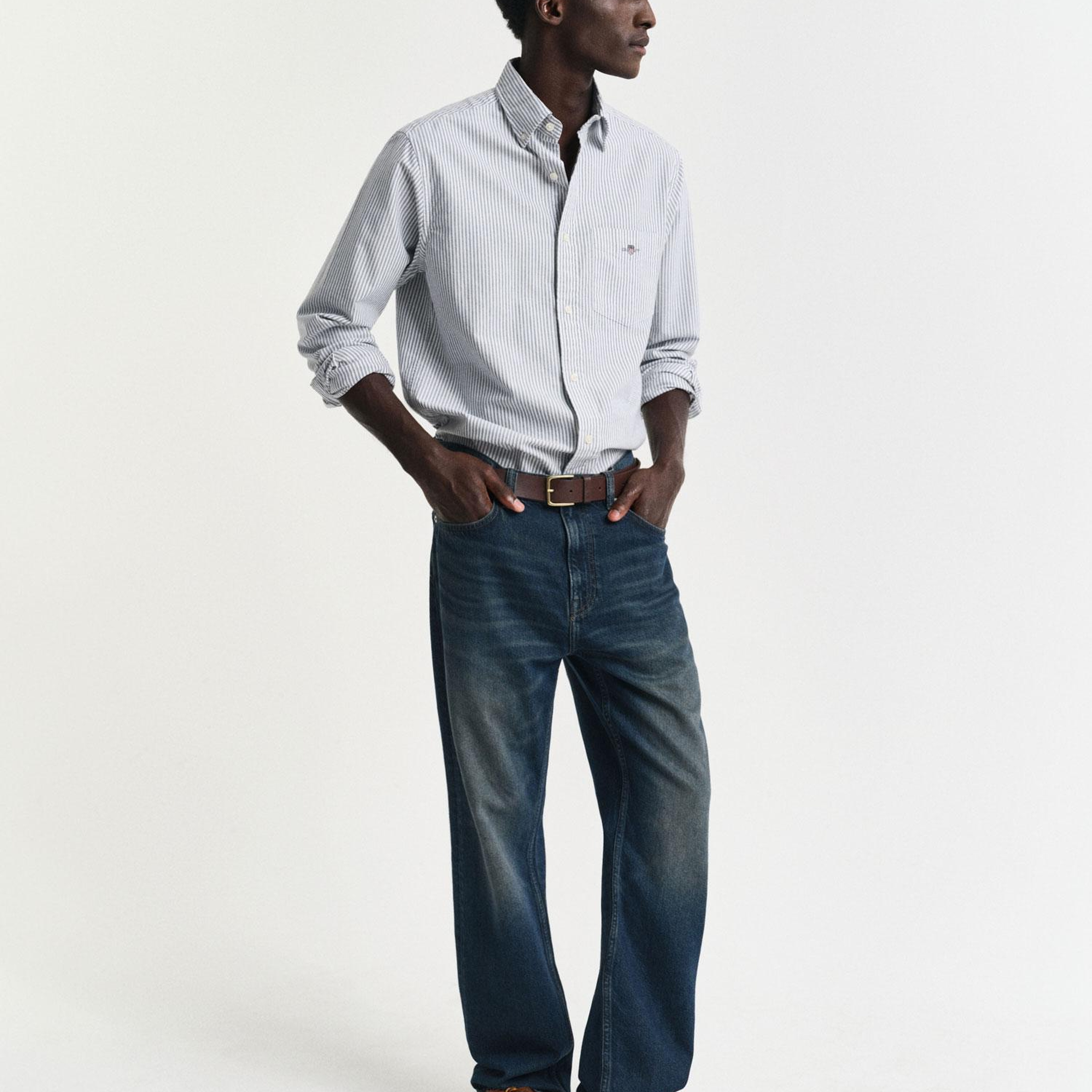 GANT Erkek Mavi Regular Fit Düğmeli Yaka Çizgili Oxford Gömlek