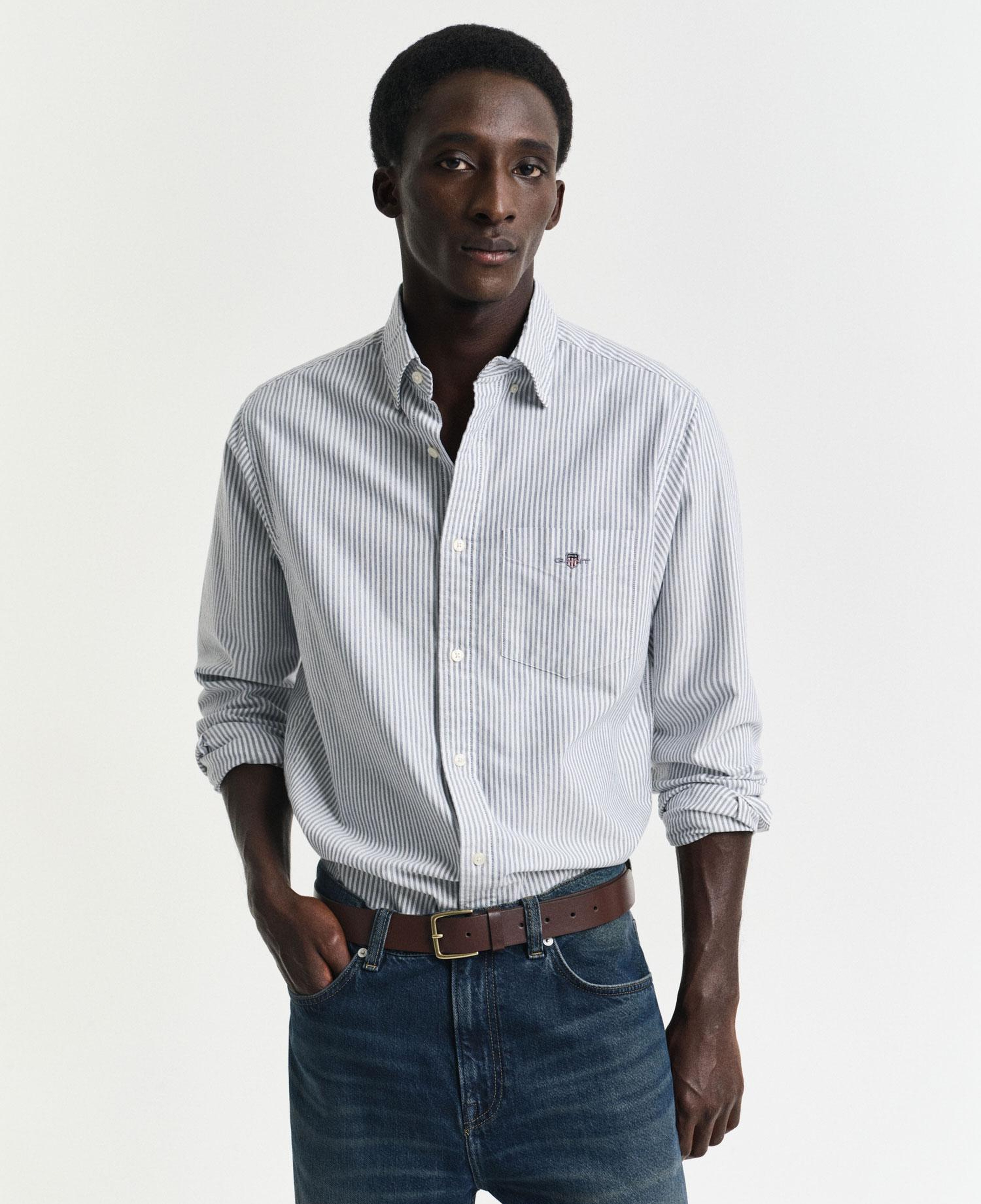 GANT Erkek Mavi Regular Fit Düğmeli Yaka Çizgili Oxford Gömlek