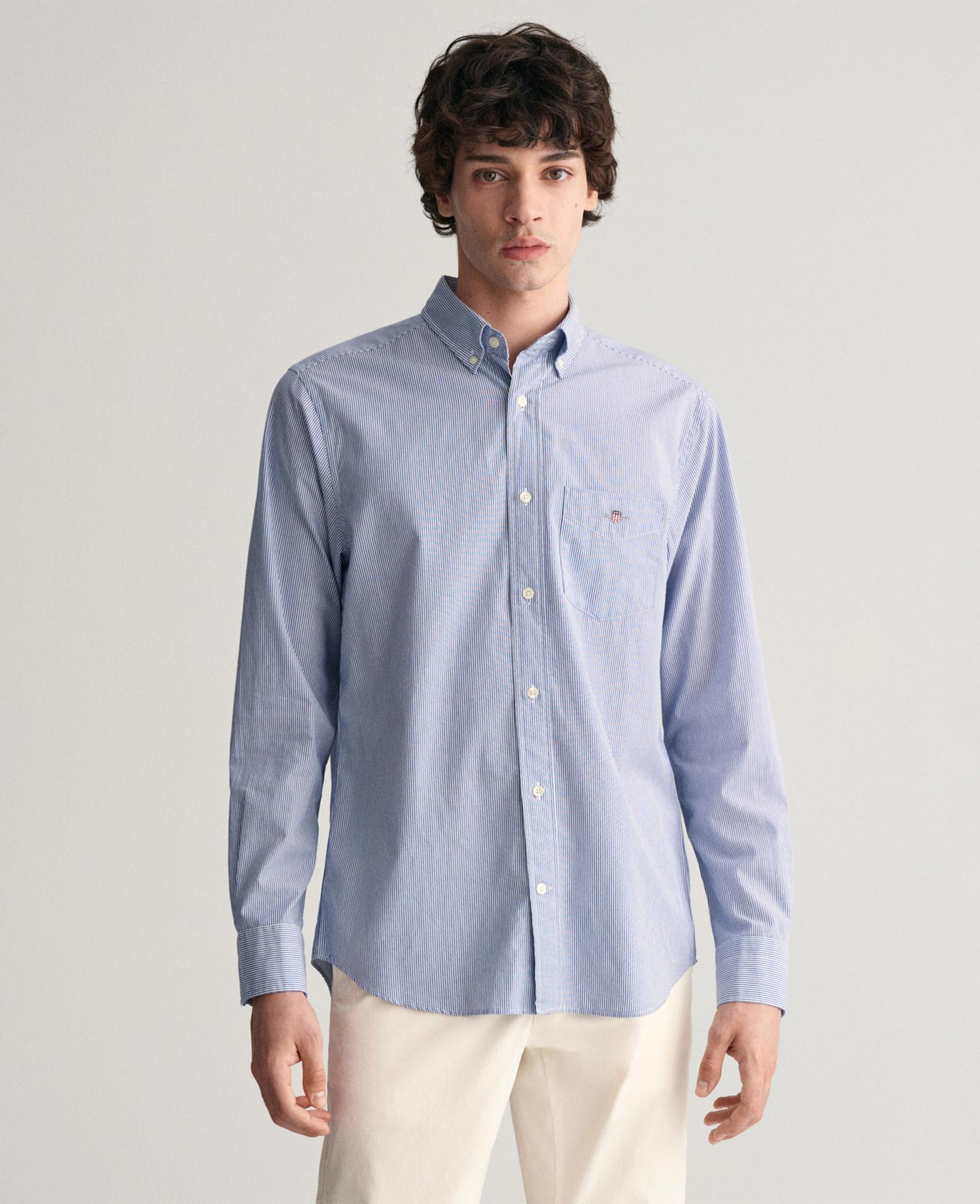 GANT Erkek Mavi Regular Fit Çizgili Düğmeli Yaka Gömlek