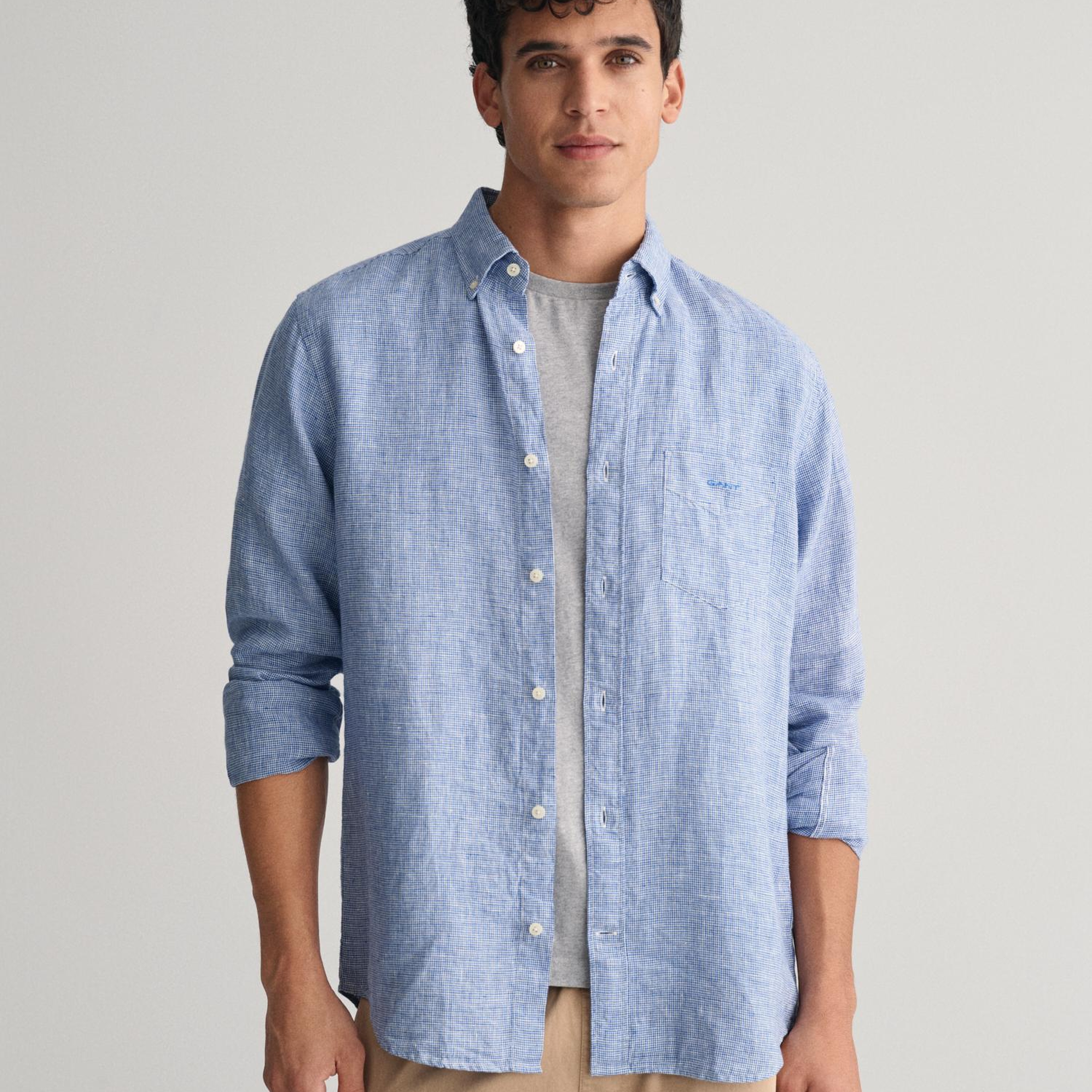 GANT Erkek Mavi Regular Fit Düğmeli Yaka Kareli Keten Gömlek