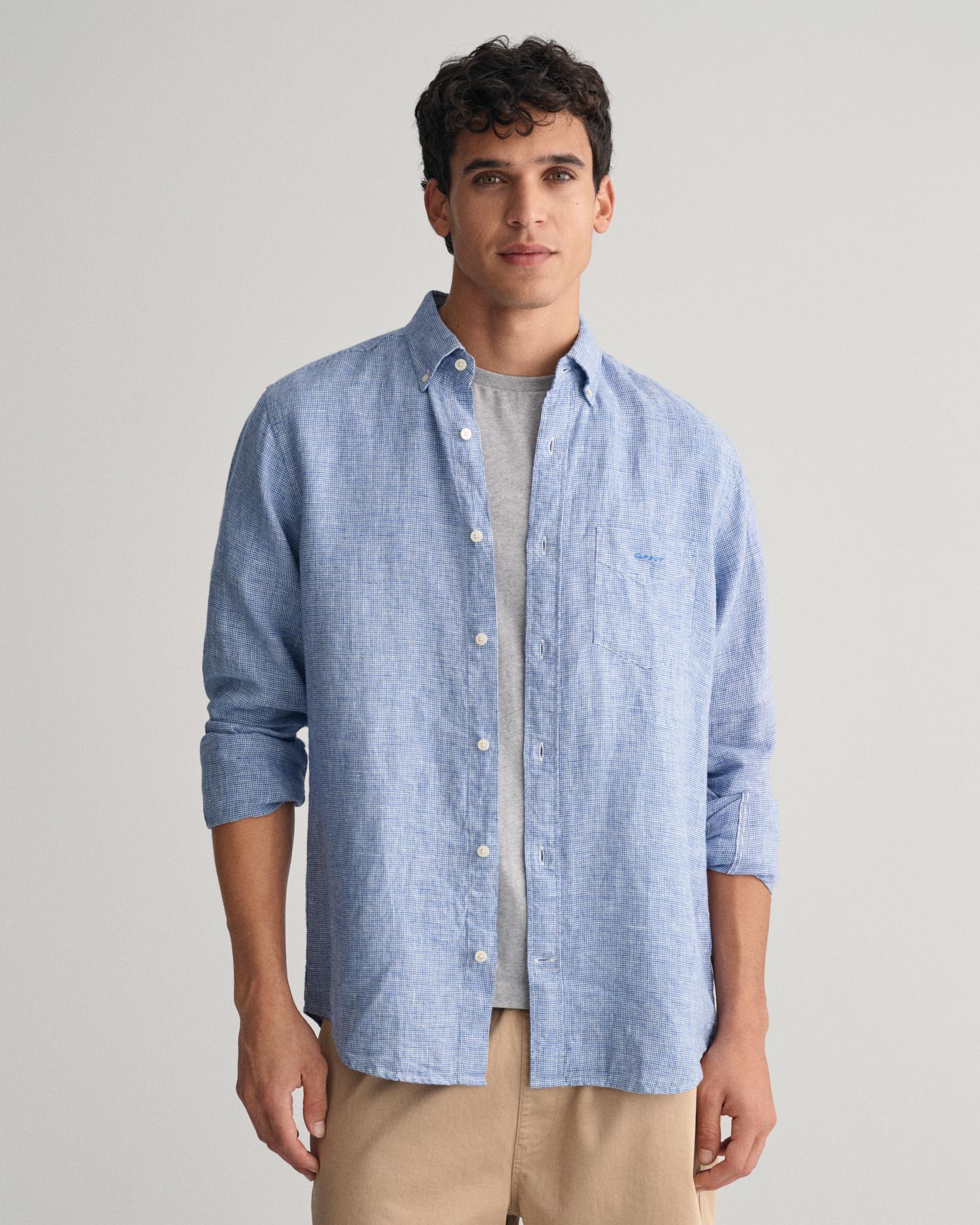 GANT Erkek Mavi Regular Fit Düğmeli Yaka Kareli Keten Gömlek