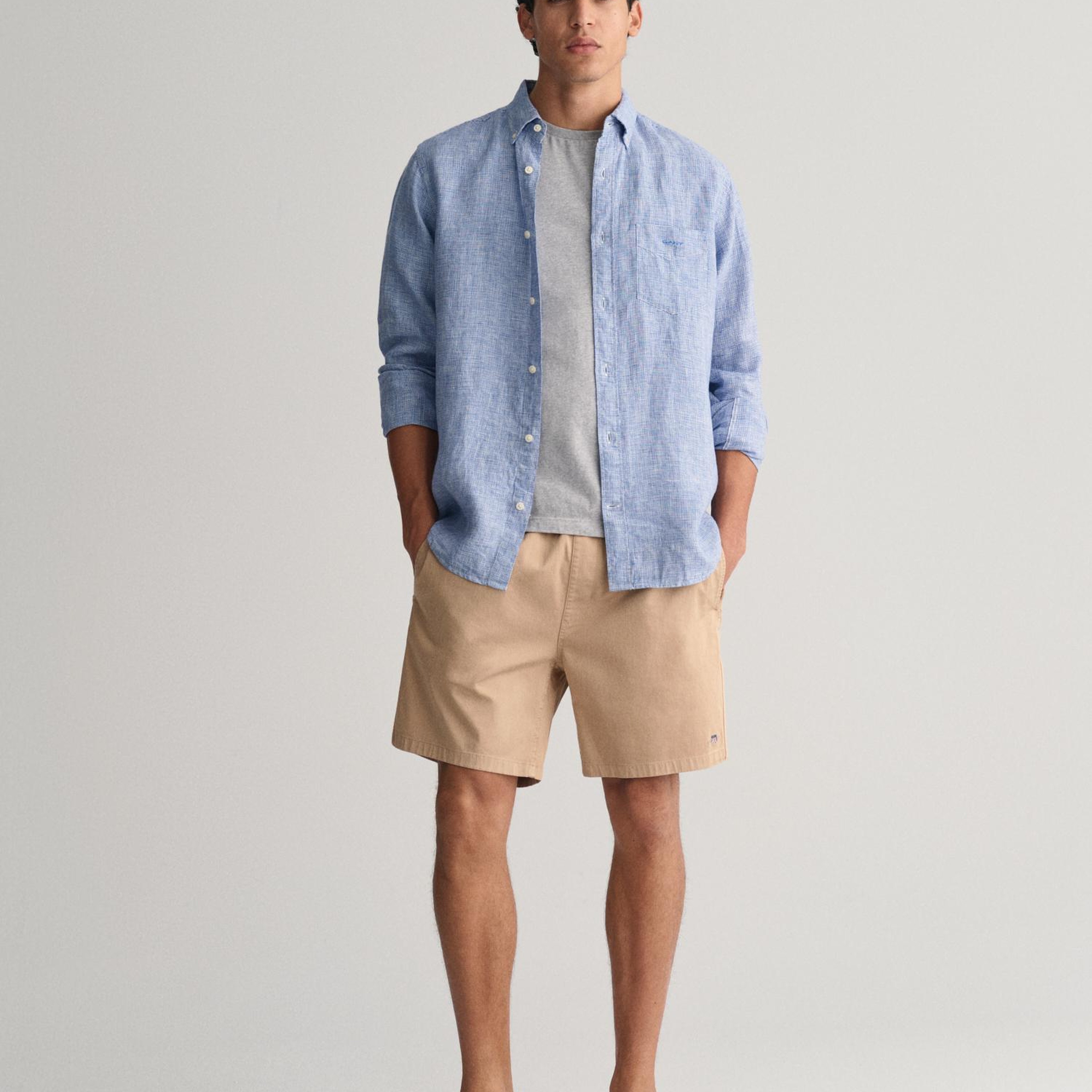 GANT Erkek Mavi Regular Fit Düğmeli Yaka Kareli Keten Gömlek