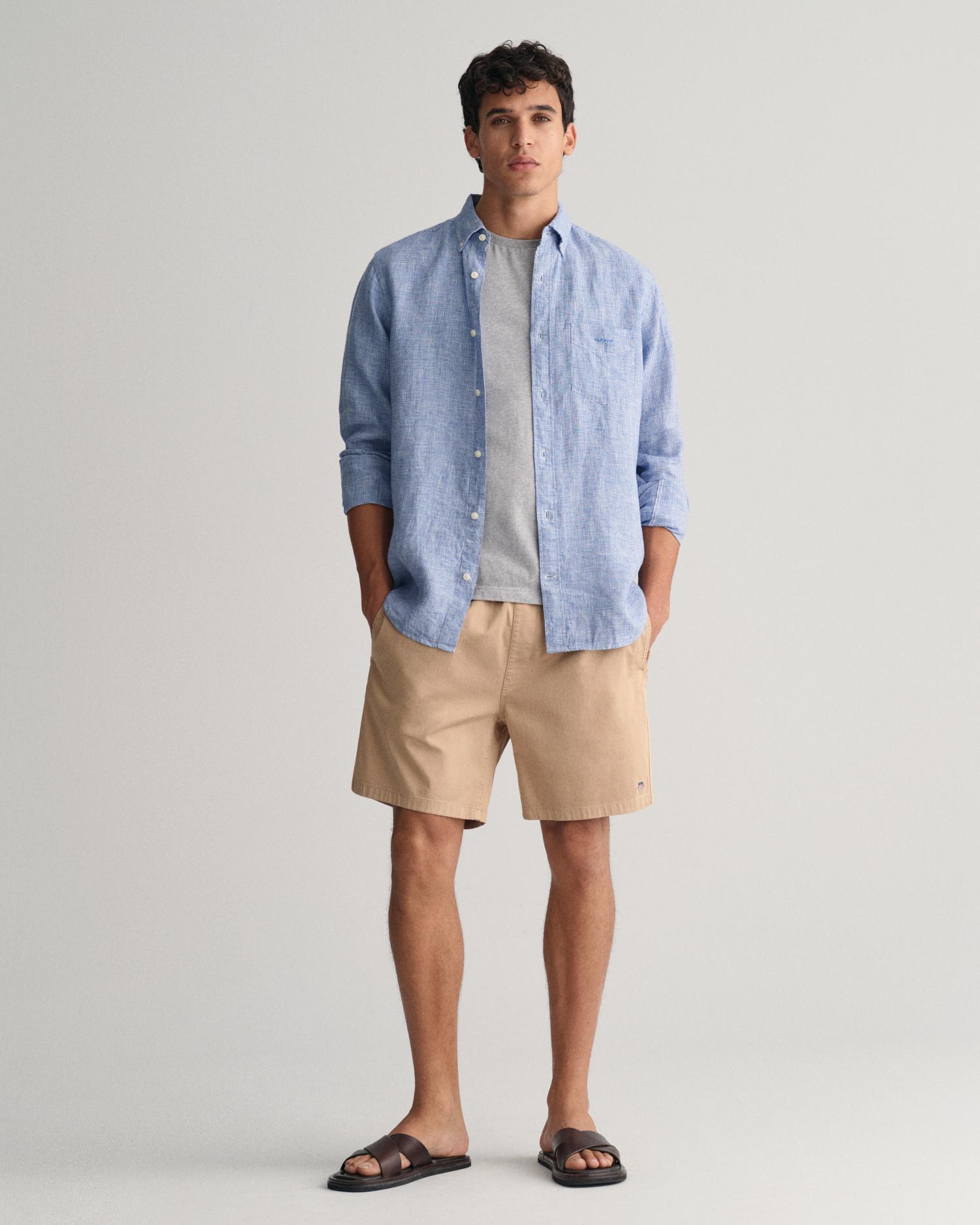 GANT Erkek Mavi Regular Fit Düğmeli Yaka Kareli Keten Gömlek