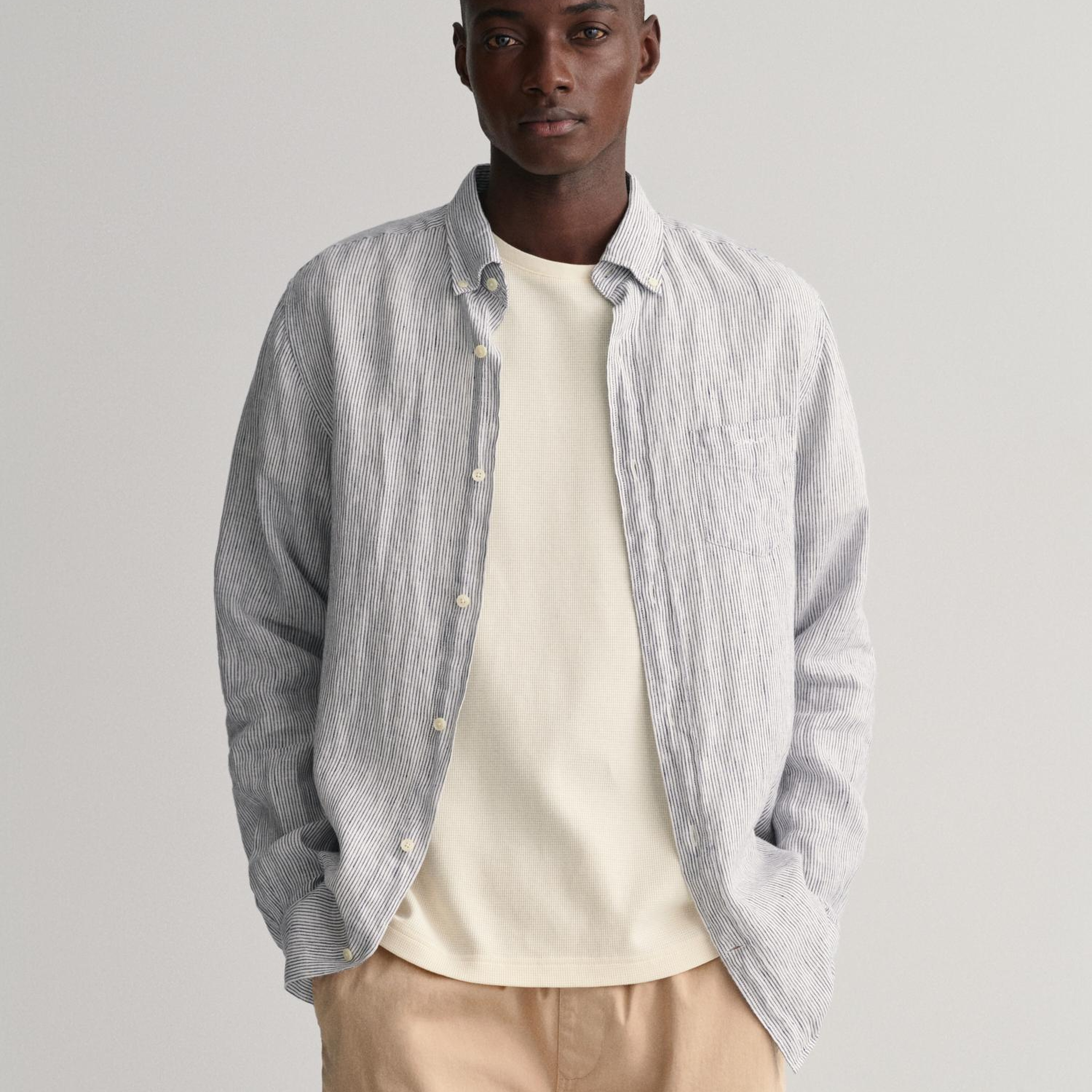 GANT Erkek Lacivert Regular Fit Çizgili Keten Gömlek