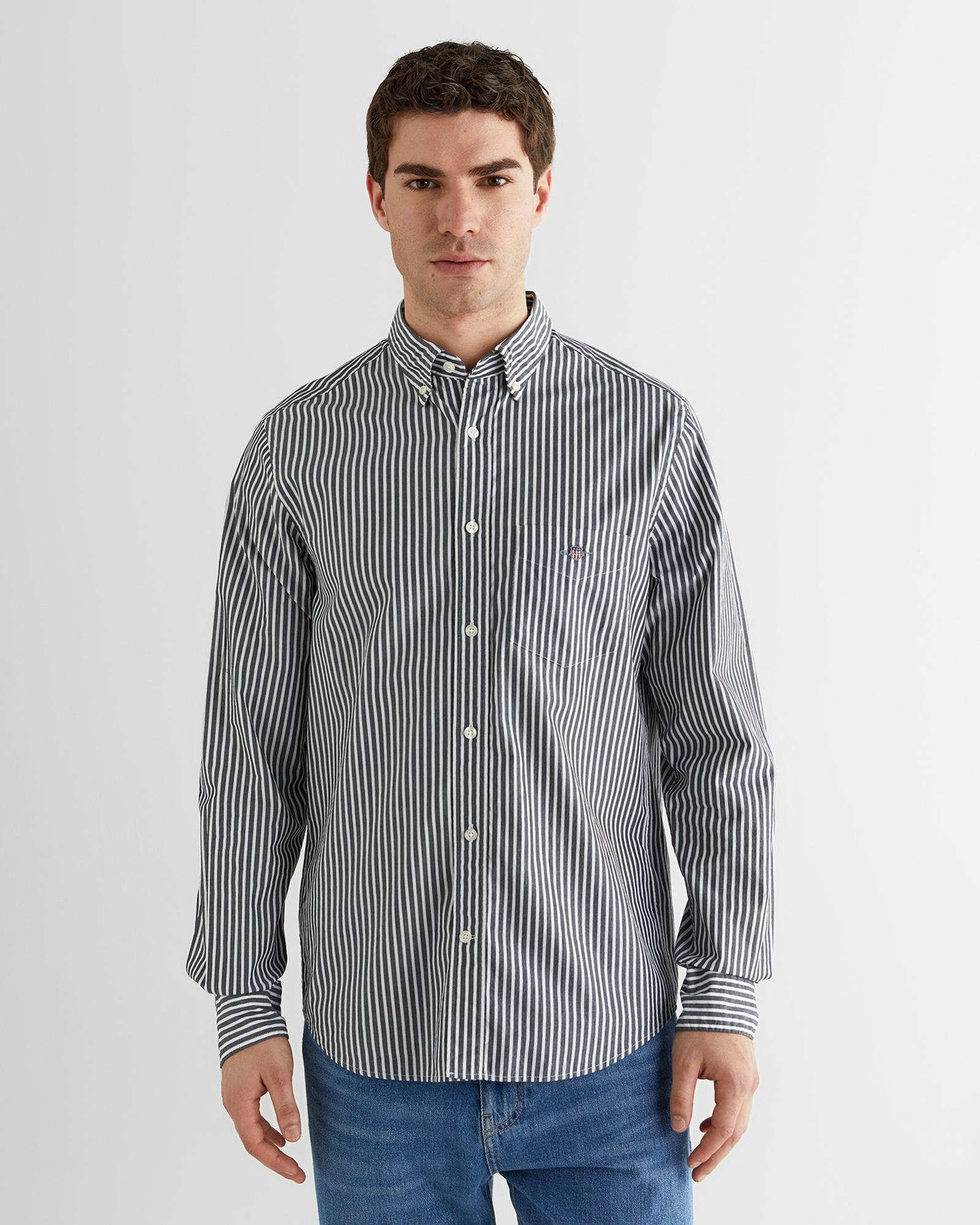 GANT Erkek Siyah Regular Fit Düğmeli Yaka Çizgili Poplin Gömlek