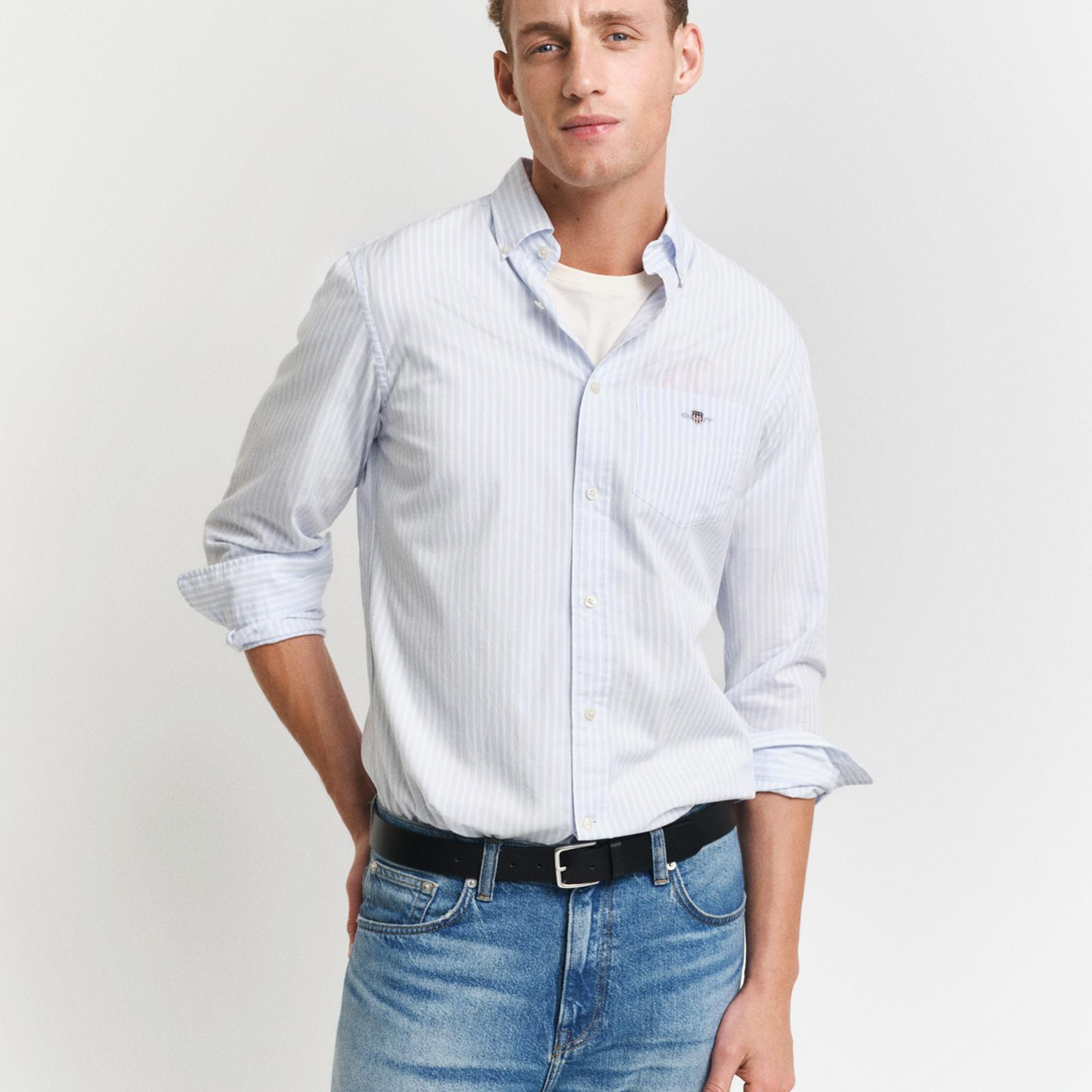 GANT Erkek Mavi Regular Fit Düğmeli Yaka Çizgili Poplin Gömlek