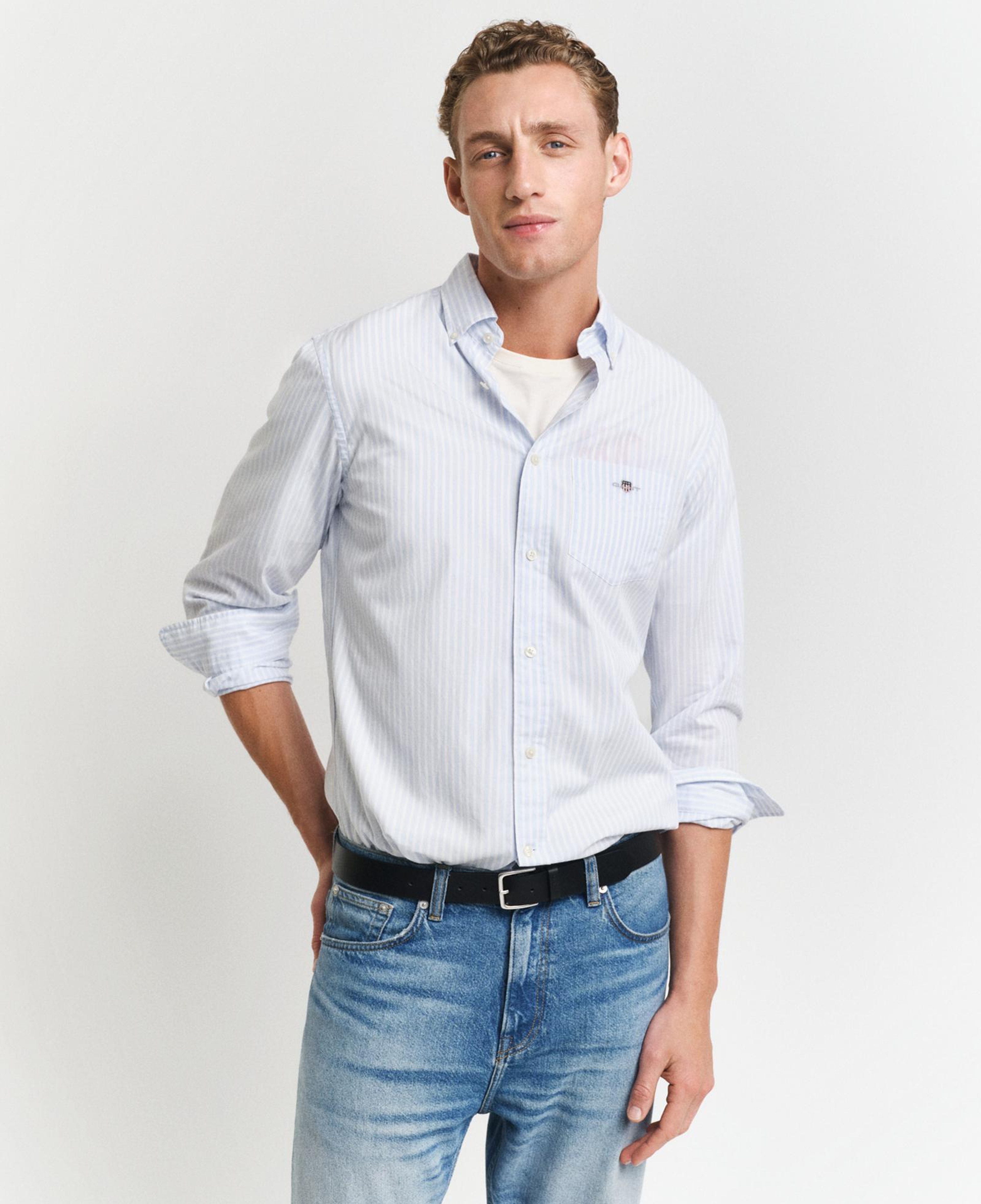 GANT Erkek Mavi Regular Fit Düğmeli Yaka Çizgili Poplin Gömlek