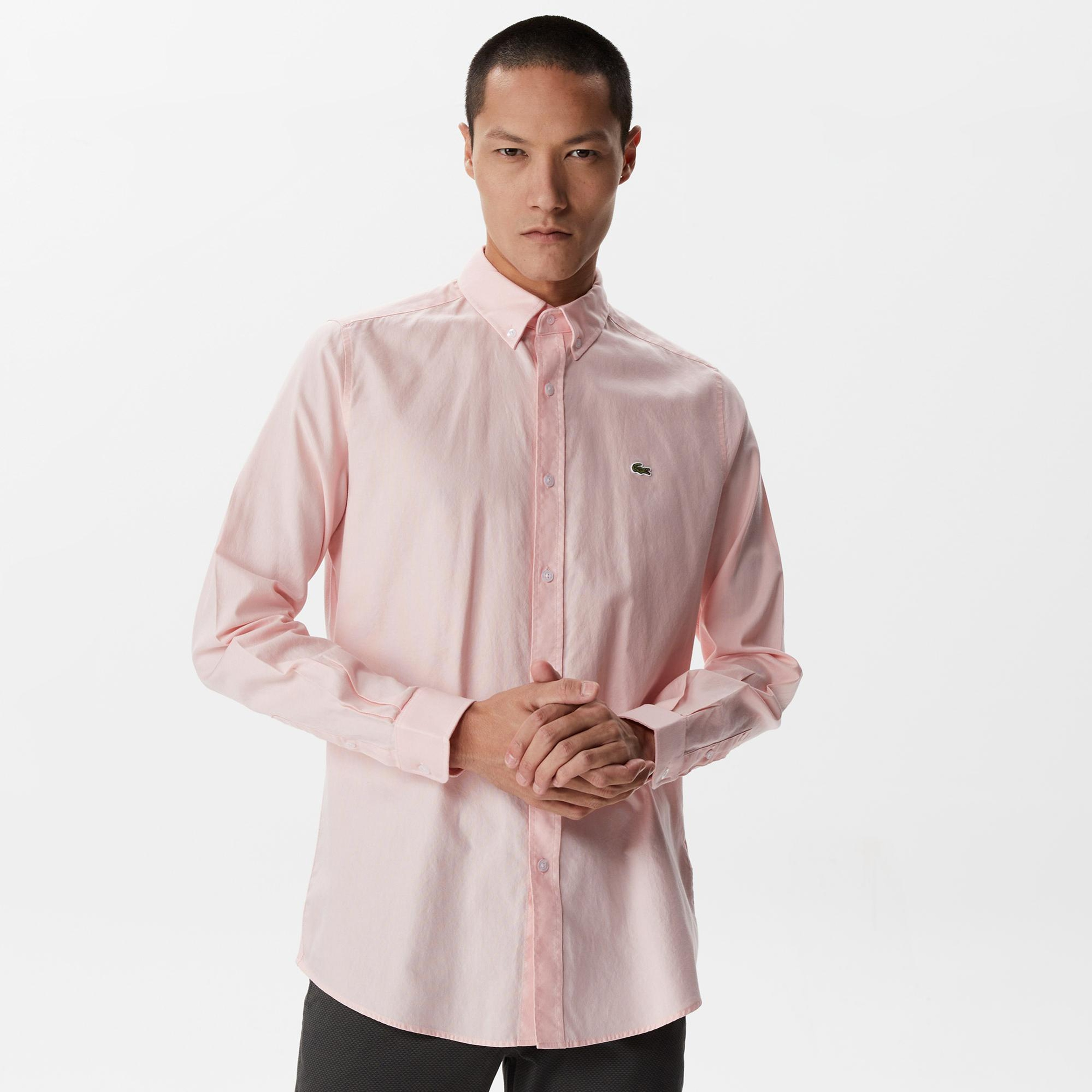 Erkek Slim Fit Düğmeli Yaka Pembe Gömlek