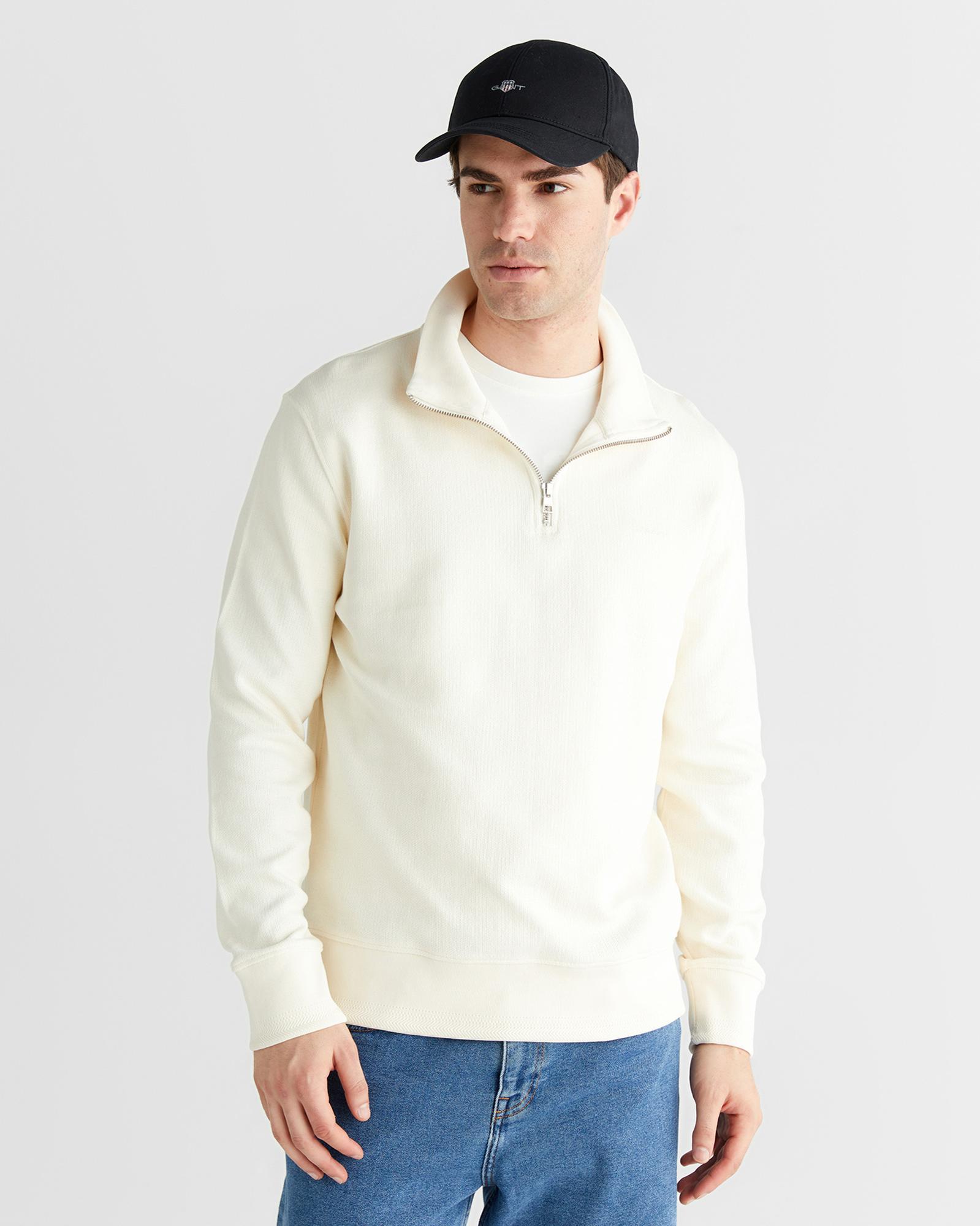 GANT Erkek Krem Yarım Fermuarlı Herringbone Kazak