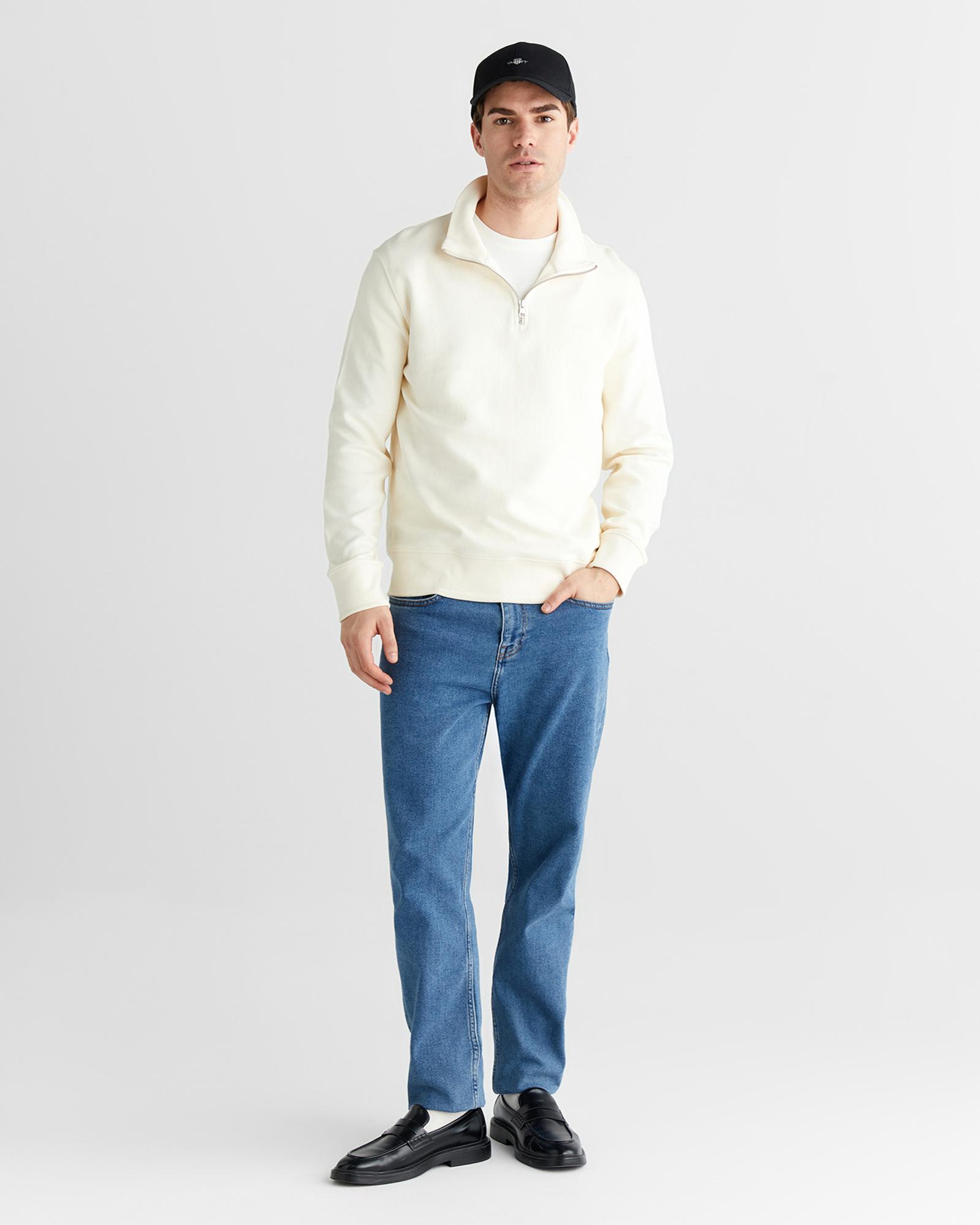 GANT Erkek Krem Yarım Fermuarlı Herringbone Kazak