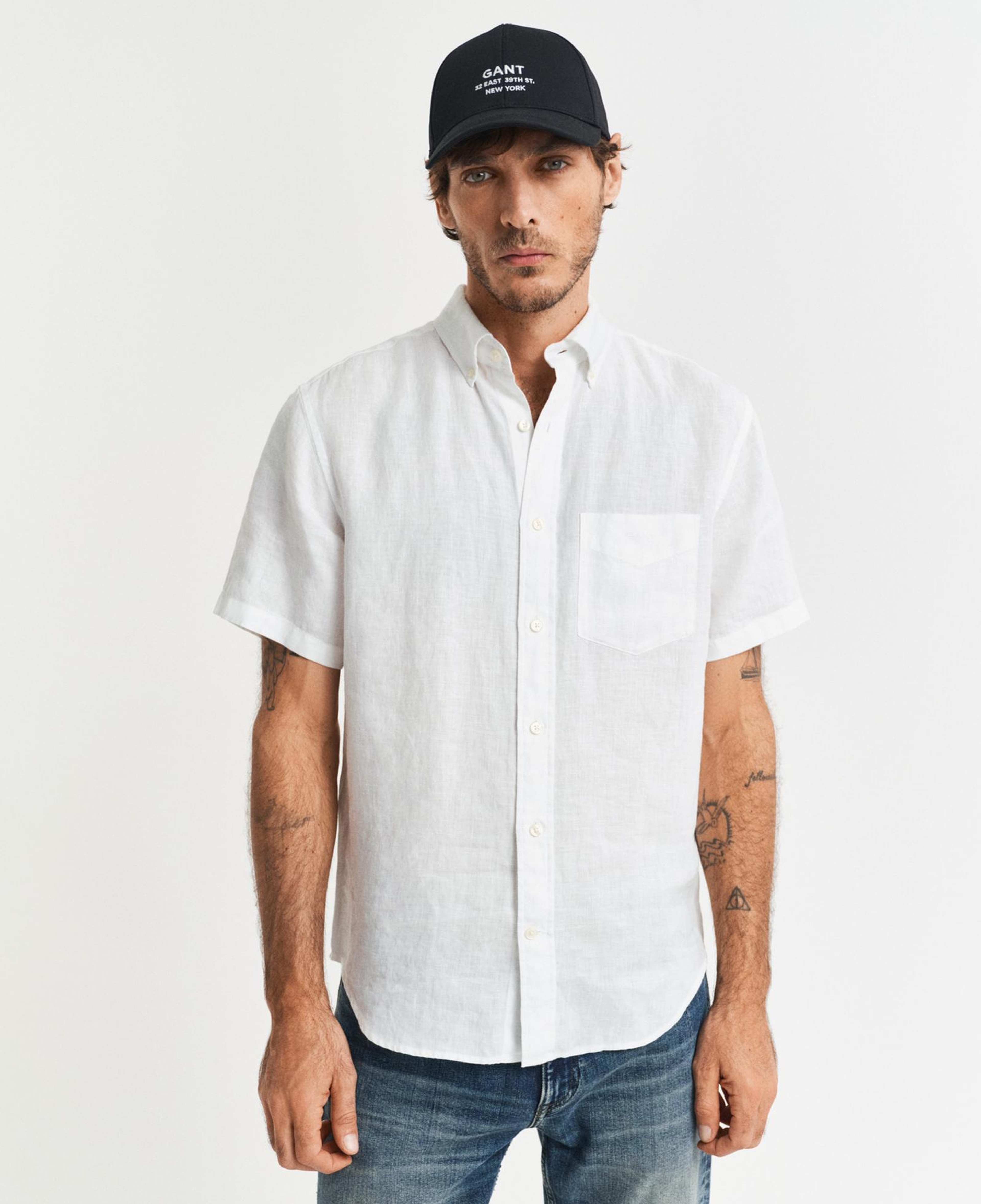 GANT Erkek Beyaz Regular Fit Düğmeli Yaka Keten Gömlek