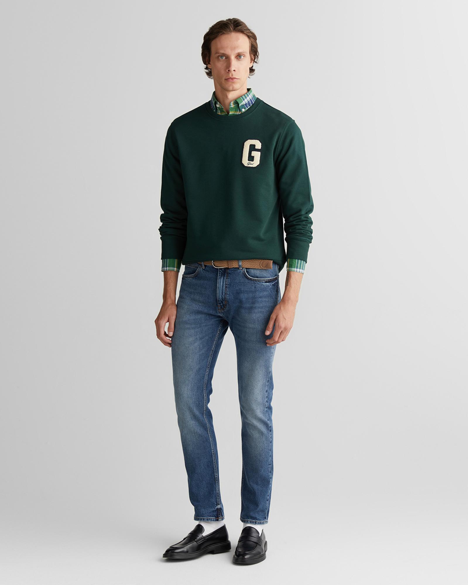 GANT Erkek Yeşil Regular Fit Bisiklet Yaka Logolu Sweatshirt