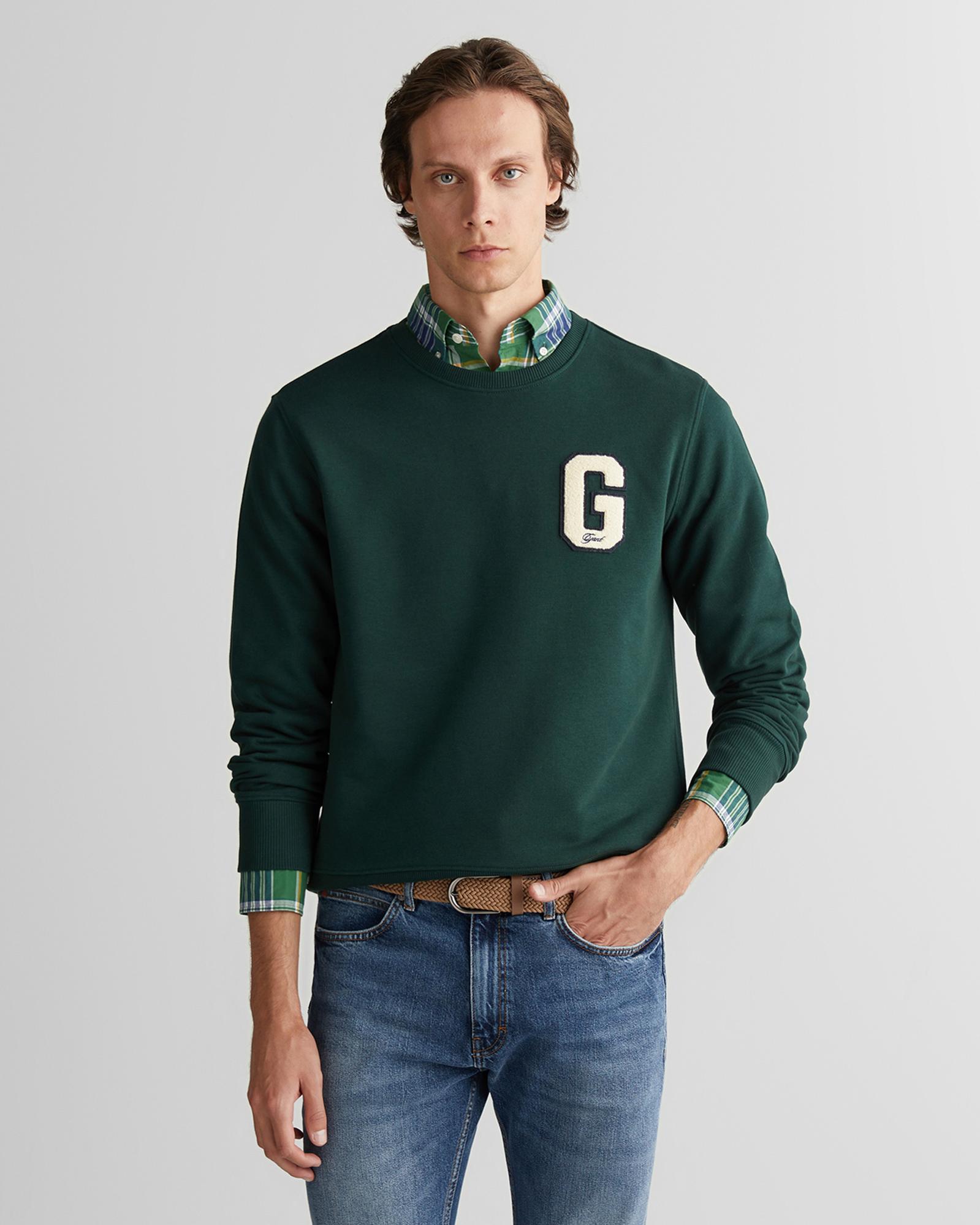 GANT Erkek Yeşil Regular Fit Bisiklet Yaka Logolu Sweatshirt