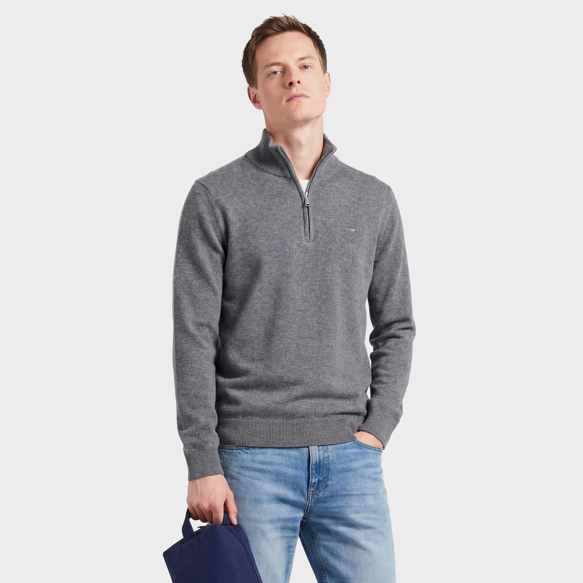 GANT Erkek Gri Regular Fit Yarım Fermuarlı Yün Kazak