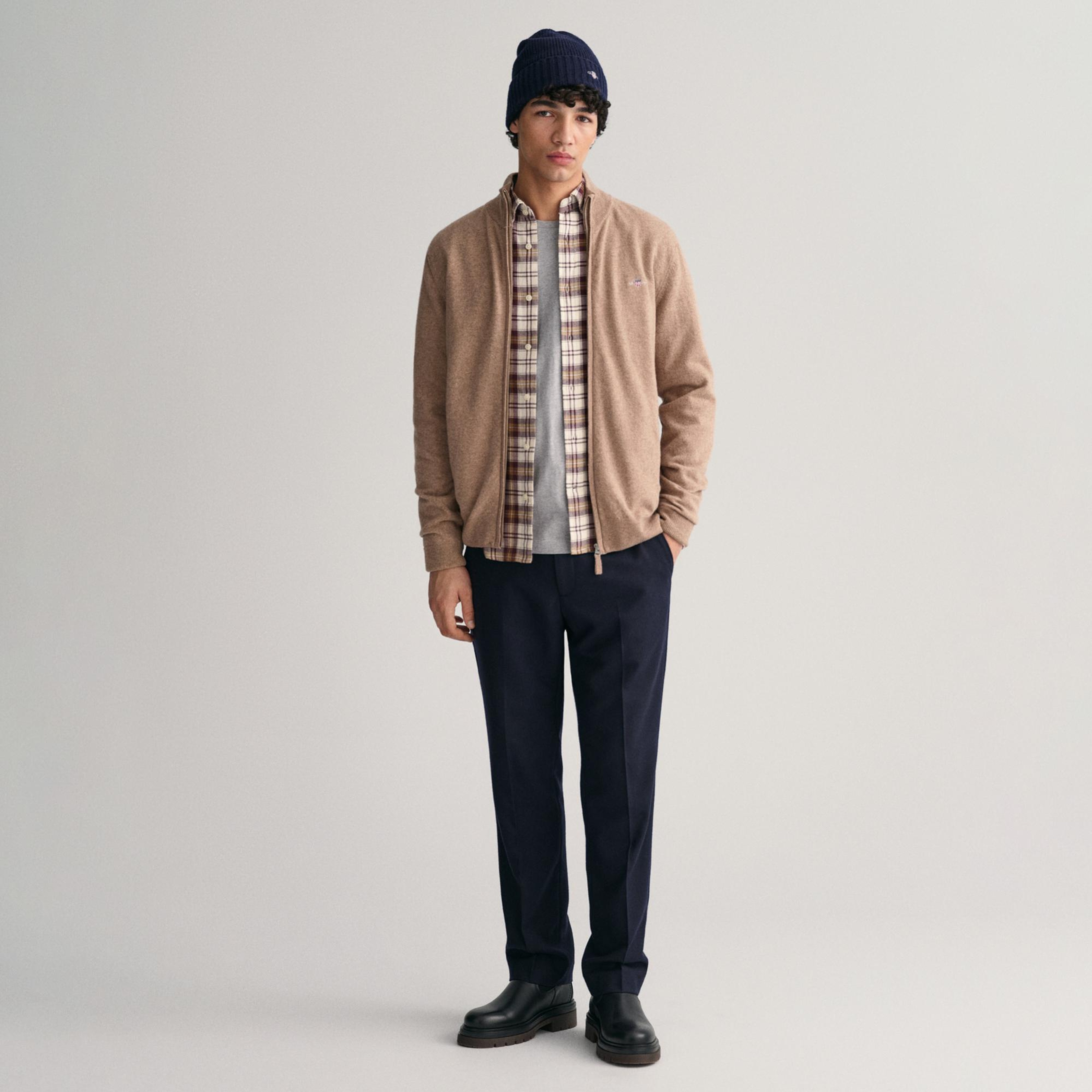 GANT Erkek Bej Regular Fit Fermuarlı Yün Hırka