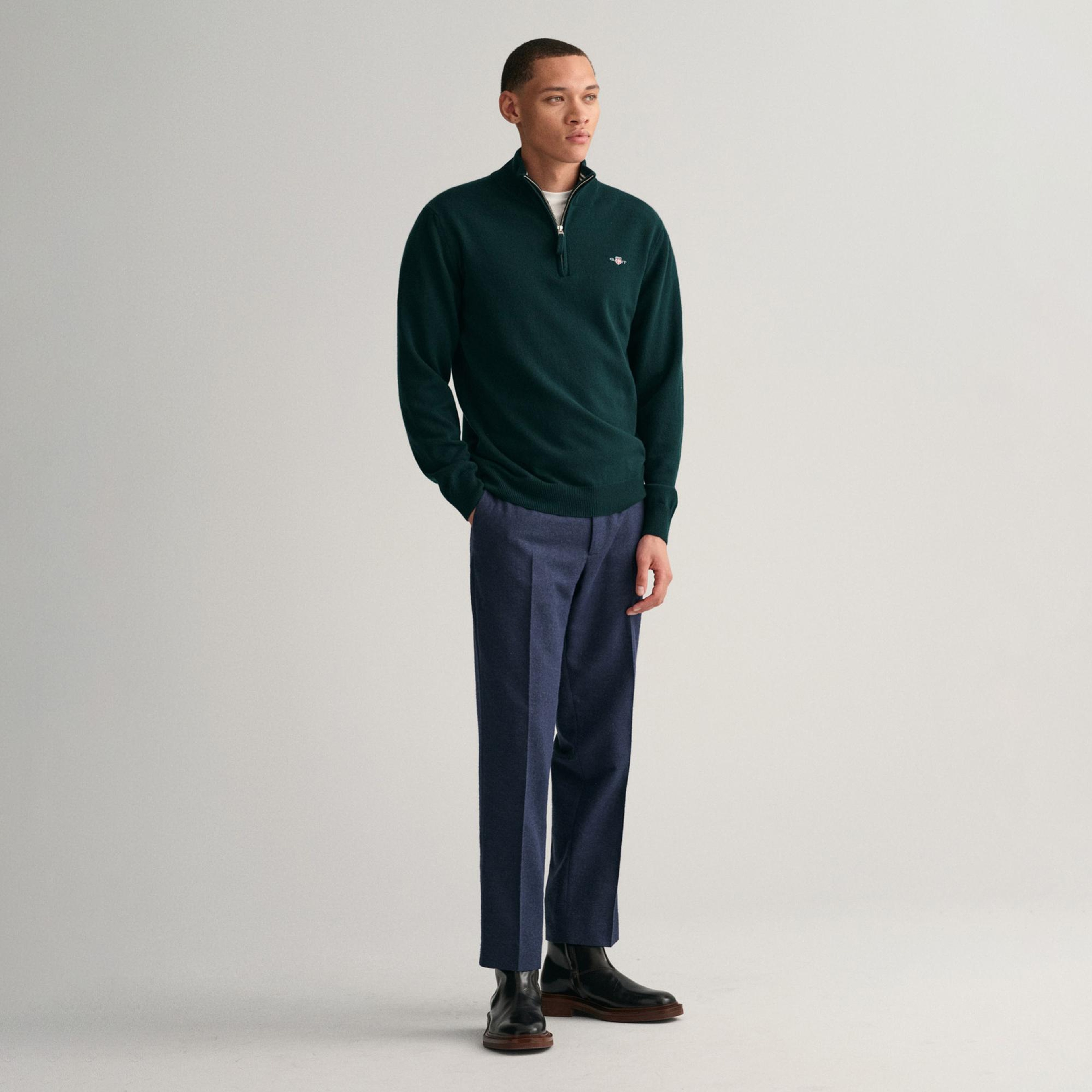 GANT Erkek Yeşil Regular Fit Yarım Fermuarlı Yün Kazak