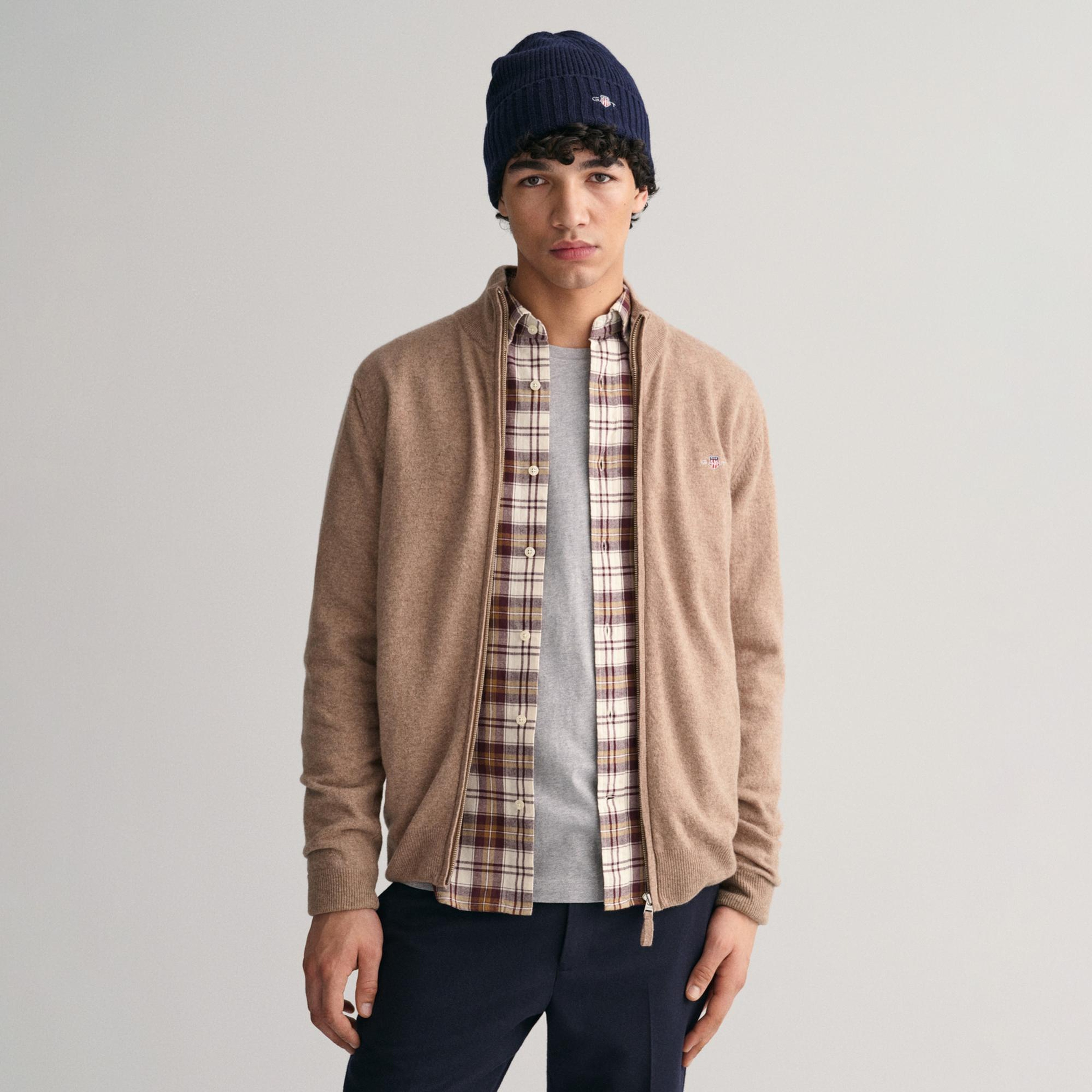 GANT Erkek Bej Regular Fit Fermuarlı Yün Hırka