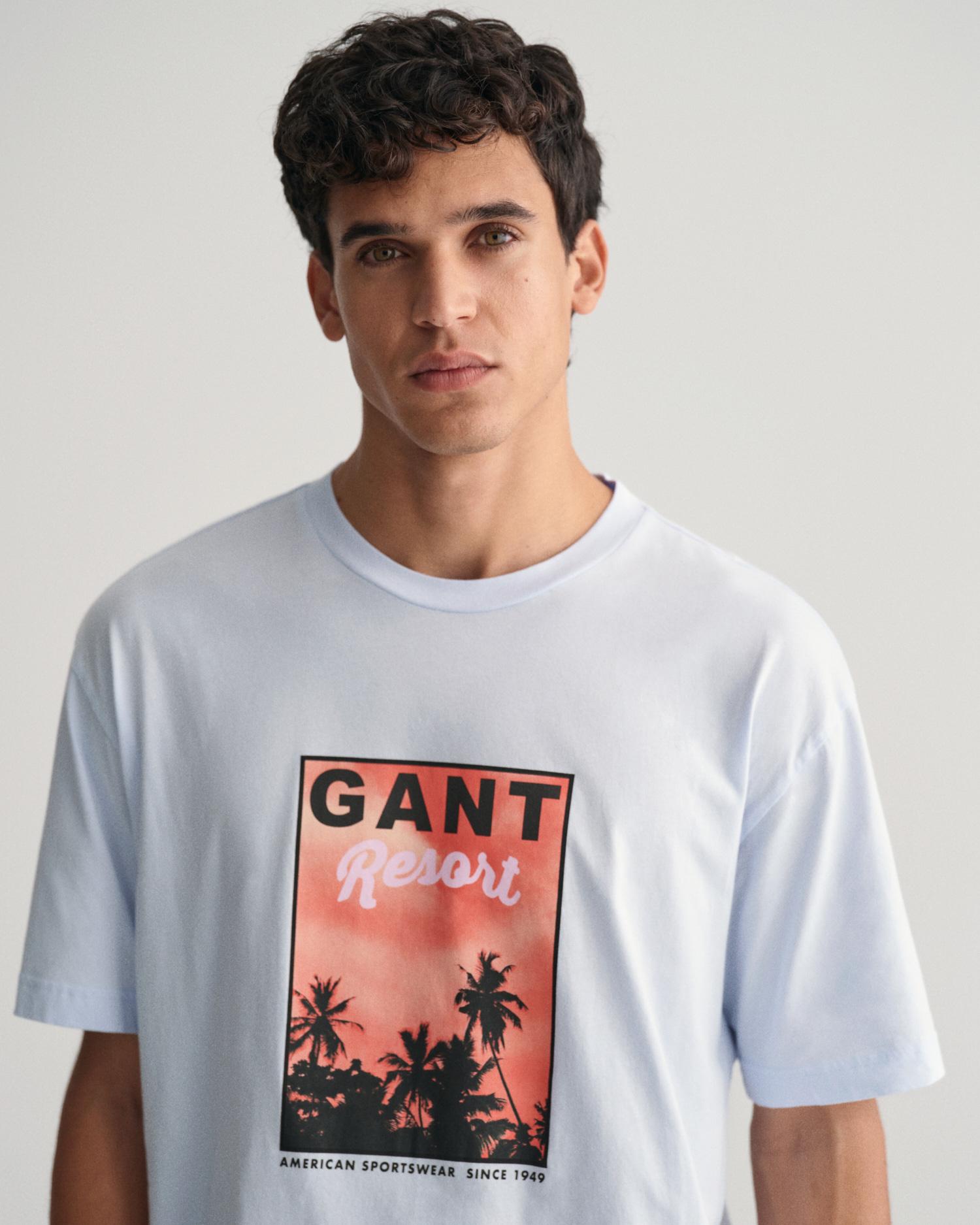GANT Erkek Mavi Regular Fit Bisiklet Yaka Baskılı T-shirt