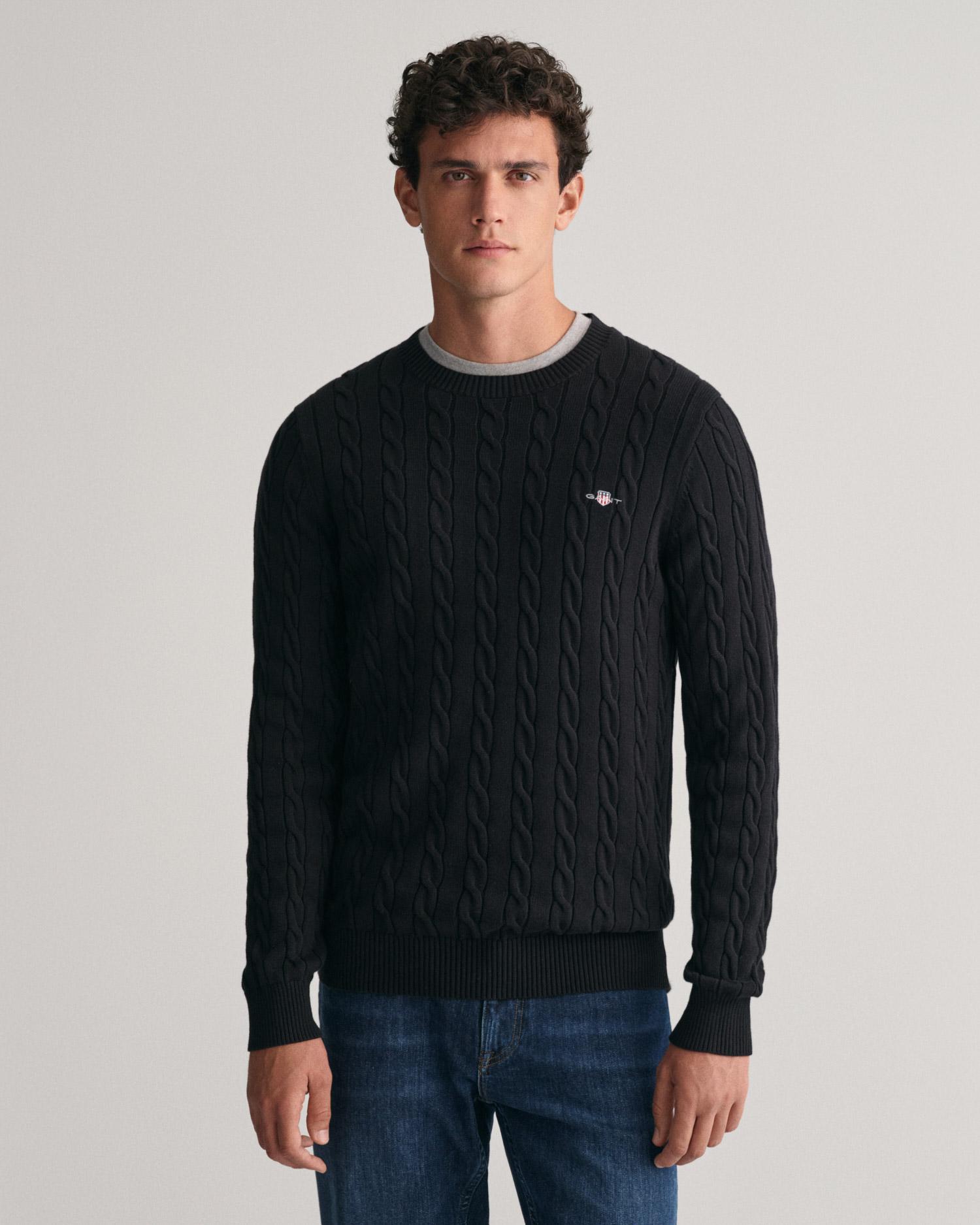 GANT Erkek Siyah Regular Fit Bisiklet Yaka Örgü Kazak
